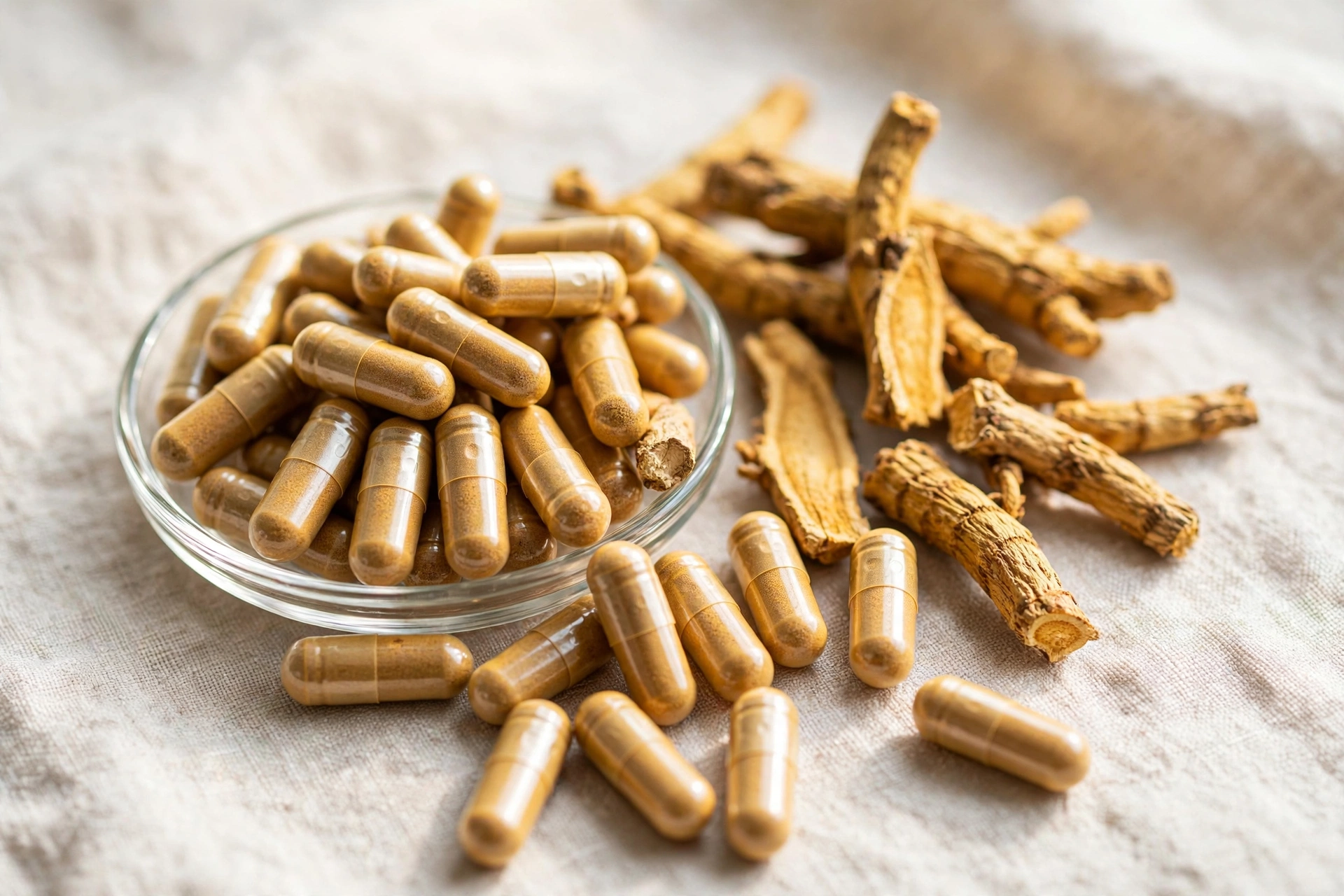 Close-up of golden rhodiola root capsules and dried golden root pieces on a light surface