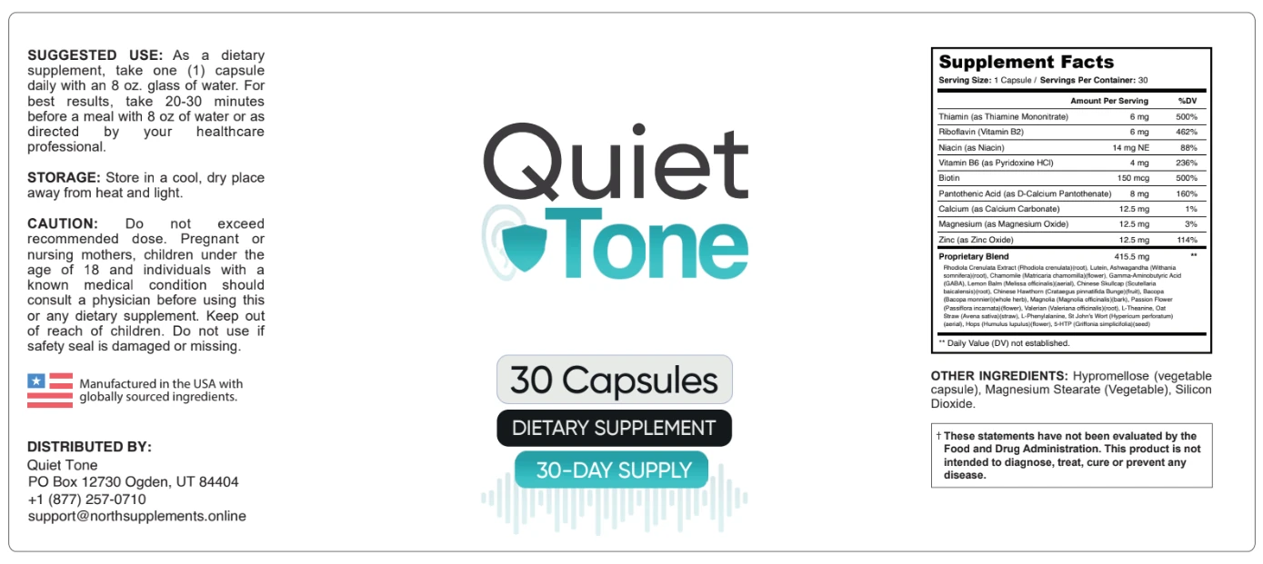 Supplement Facts label panel from the Quiet Tone sales page showing the B-vitamin base and 415.5 mg proprietary blend