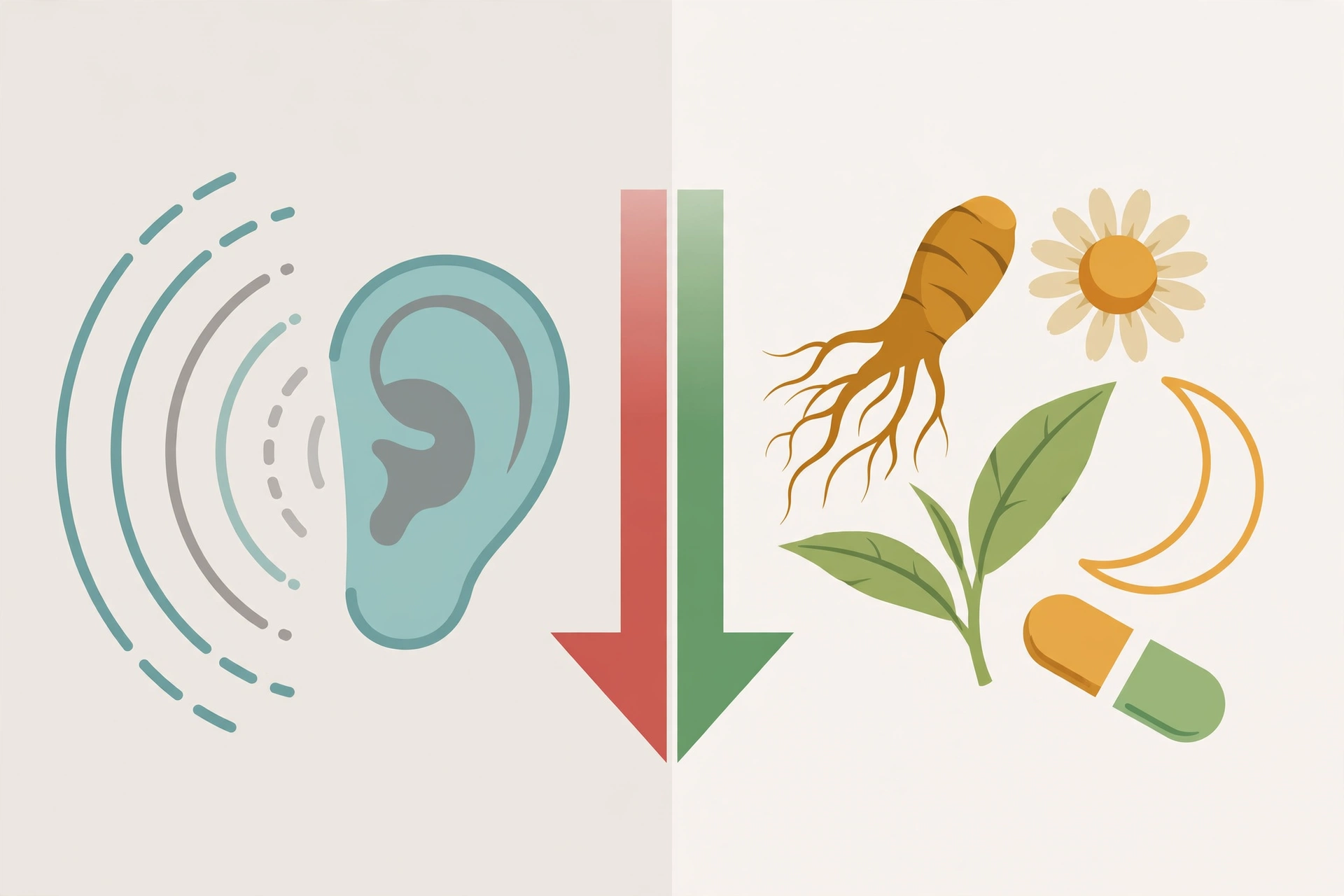 Illustration comparing Quiet Tone's tinnitus-relief marketing with its calm-and-sleep botanical formula
