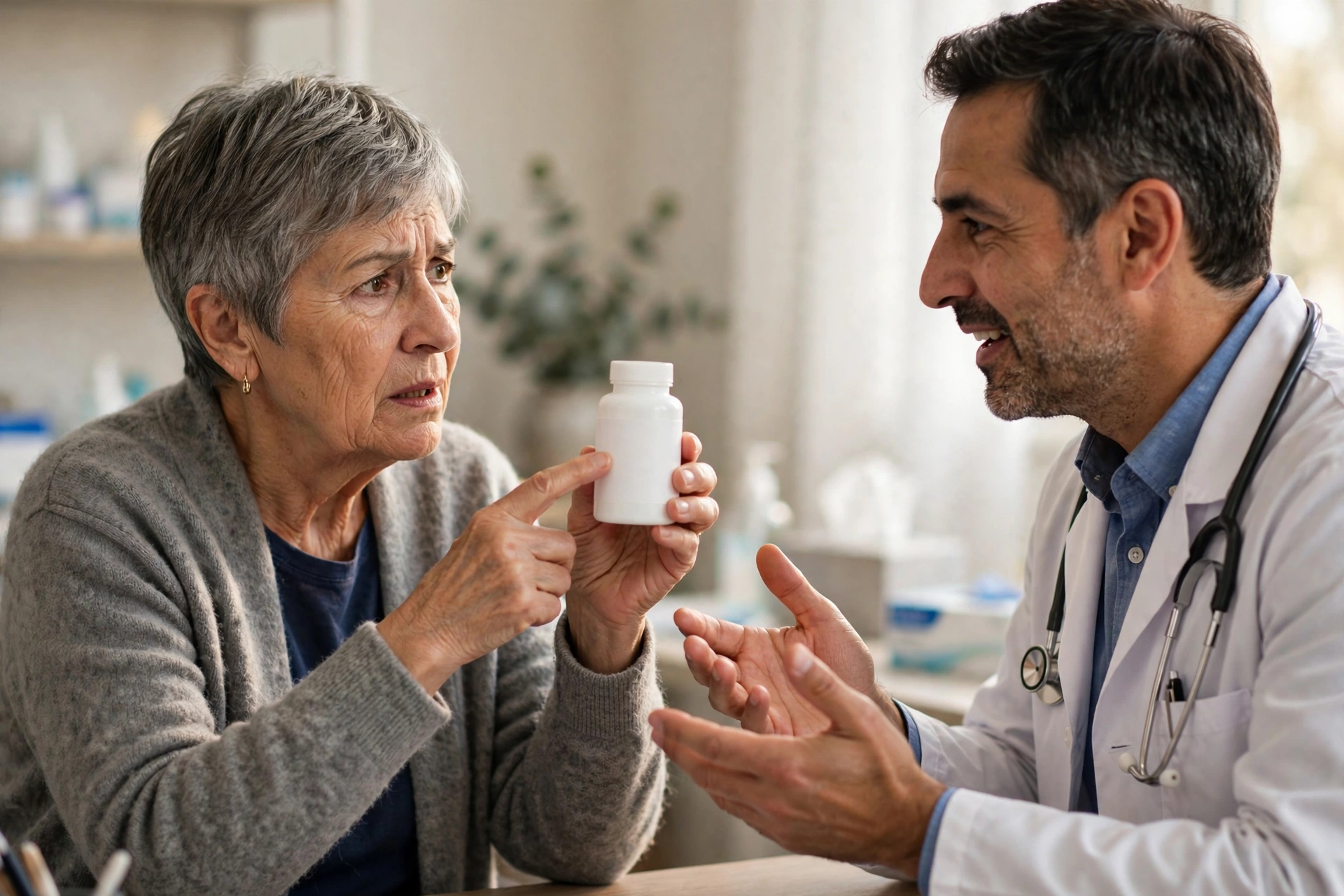 Senior woman discussing a supplement label with a doctor during a consultation