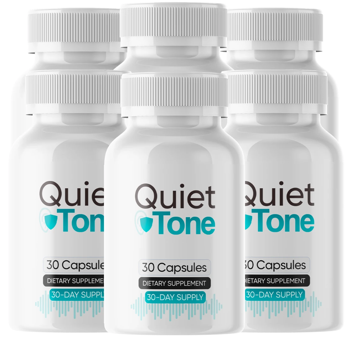 Quiet Tone six-bottle product photo: white bottles with teal Quiet Tone branding, 30 capsules each
