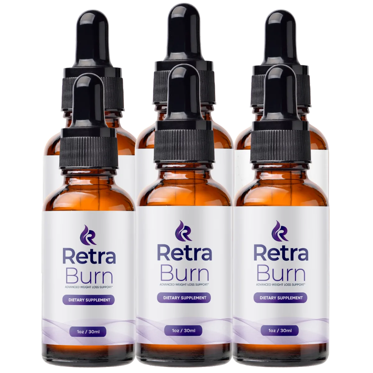 Amber glass dropper bottles of Retra Burn weight-loss supplement
