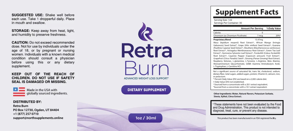 Supplement Facts label panel from the Retra Burn sales page showing chromium 7 mcg and the 15.47 mg proprietary blend of 21 ingredients