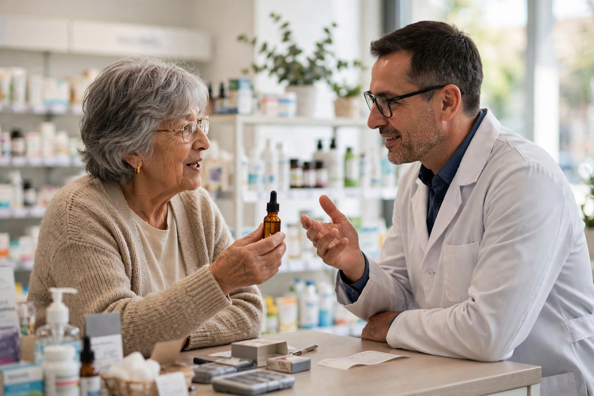 Senior woman discussing a supplement dropper bottle with a pharmacist during a consultation