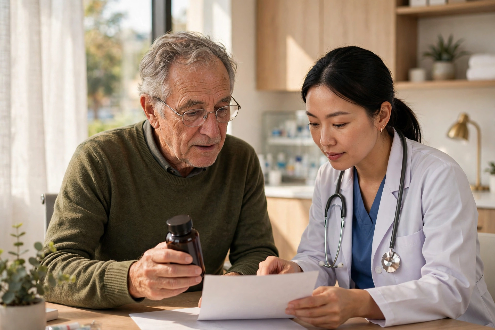 Senior man discussing a supplement bottle with his doctor in a clinic office
