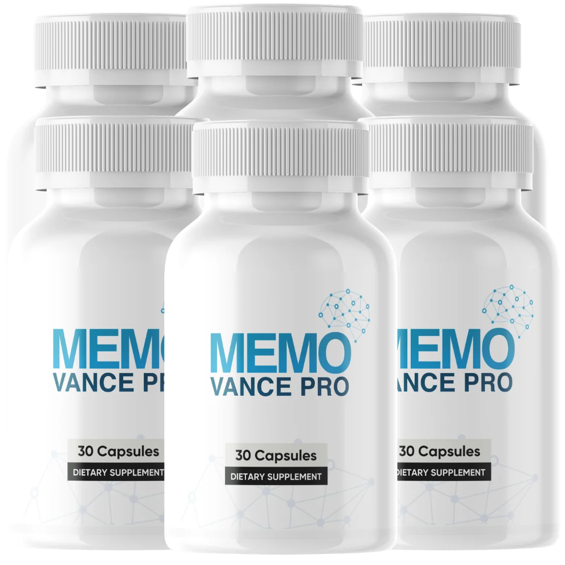 MemoVance PRO supplement bottles, six-bottle bundle, white bottle labeled 30 Capsules Dietary Supplement