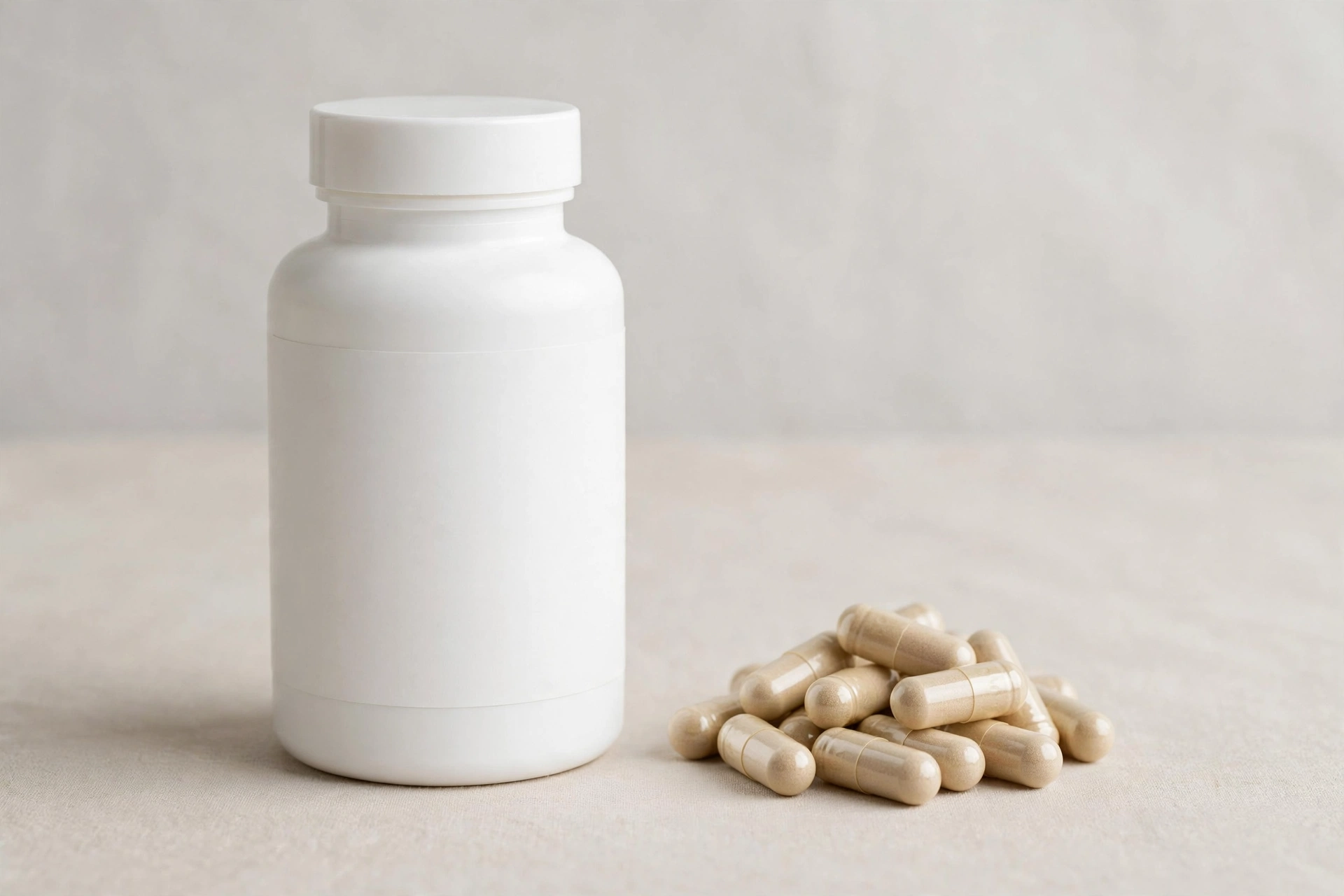 White supplement bottle with beige capsules beside it, showing the capsule form of the product