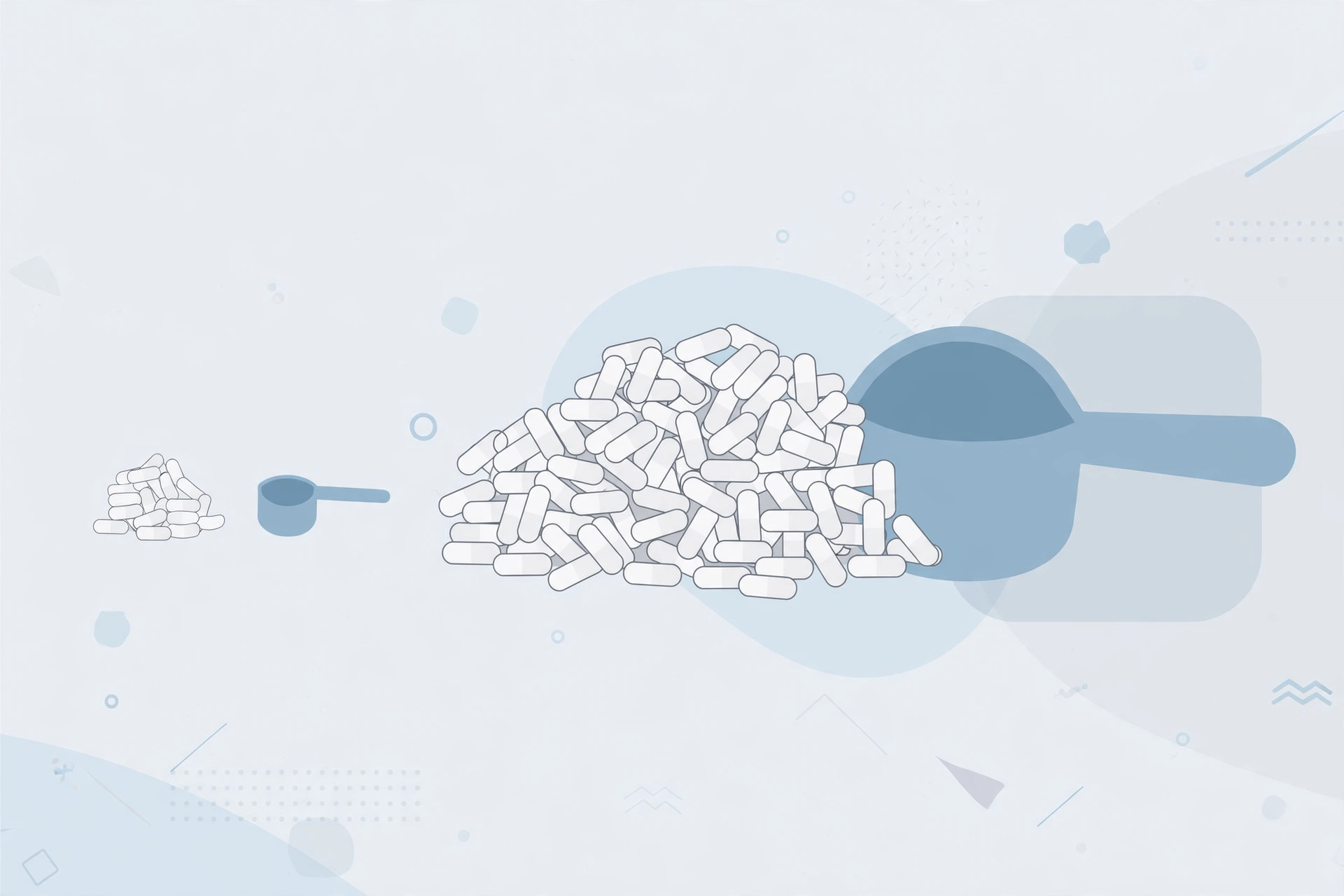 Infographic showing a small pile of capsules next to a tiny scoop compared with a much larger pile and scoop, illustrating label doses far below studied doses