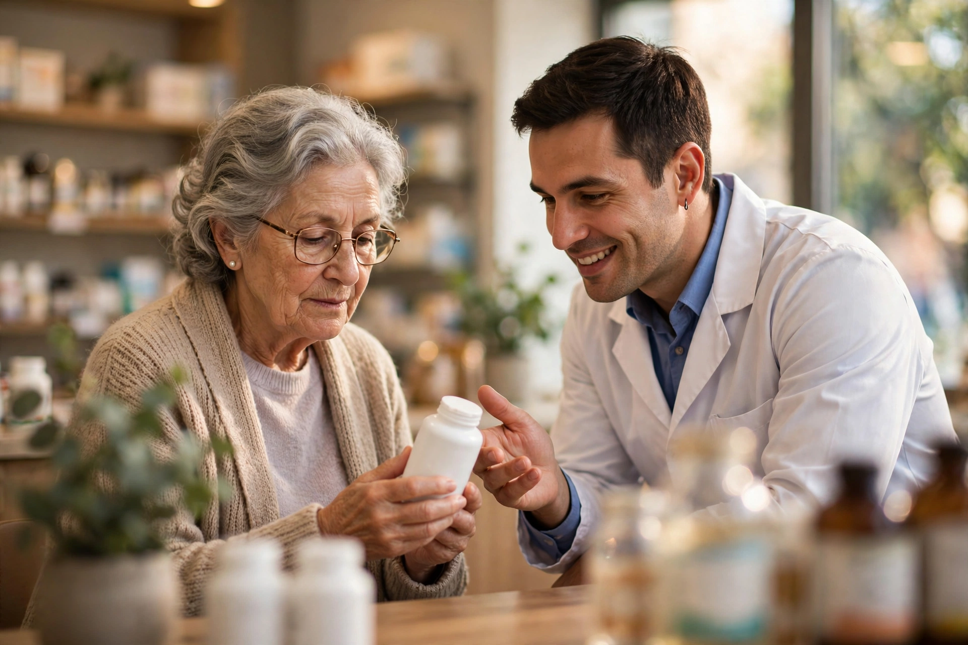 Senior woman discussing a supplement bottle label with a pharmacist at a pharmacy counter