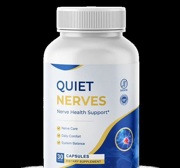 Quiet Nerves bottle, a white supplement bottle labeled Nerve Health Support with 30 capsules