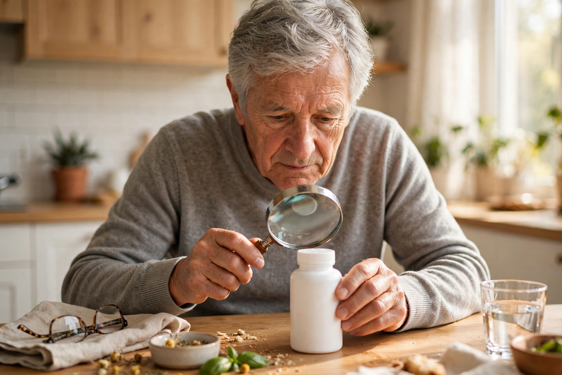 An older man reading a supplement bottle label closely with a magnifying glass at his kitchen table