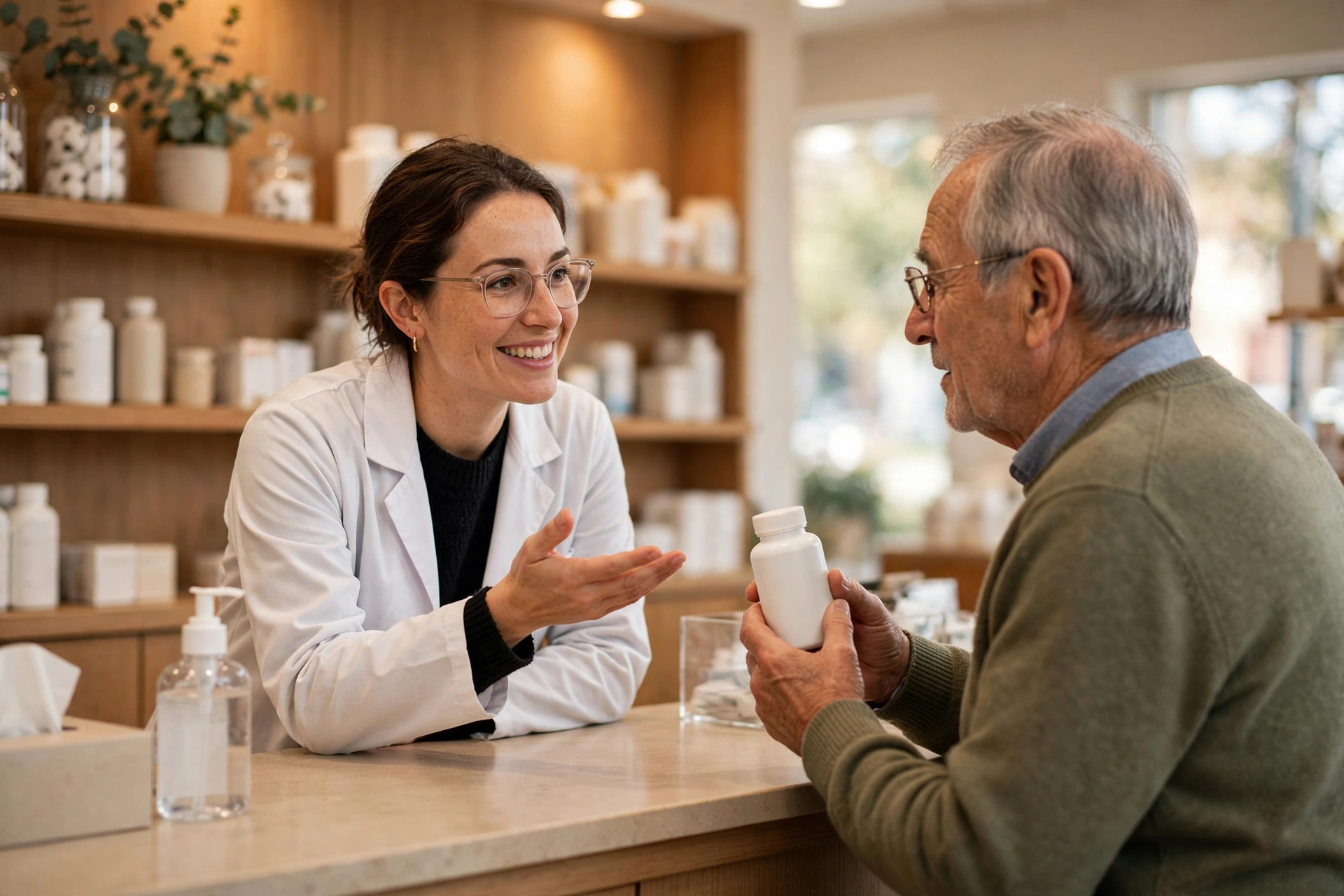 A pharmacist explaining a supplement bottle to a senior customer at a pharmacy counter