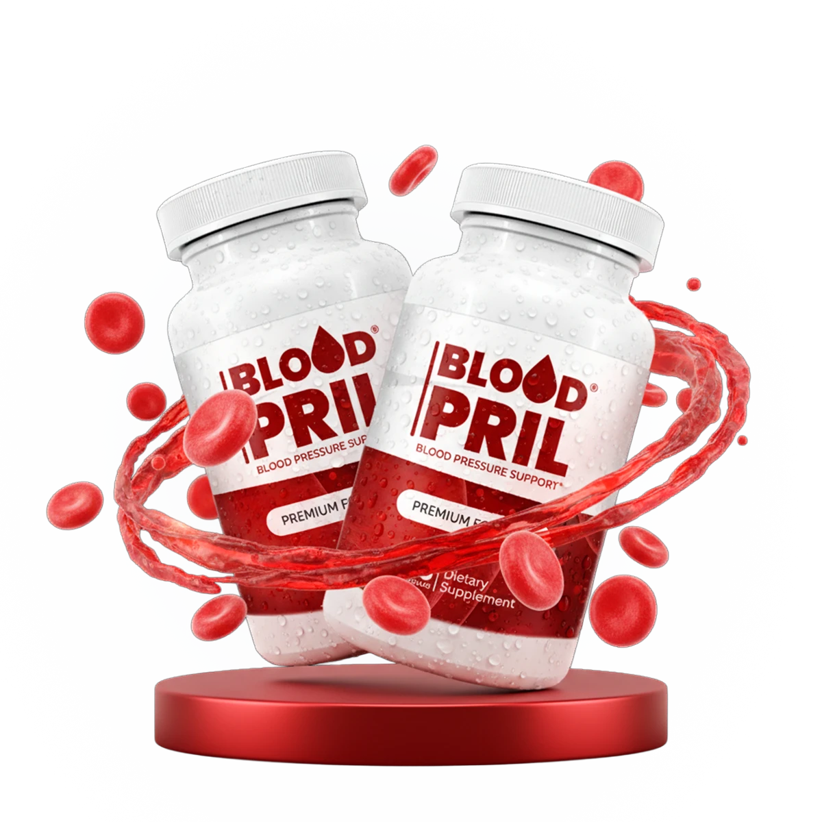 Two bottles of BloodPril blood pressure supplement with red labels on a red pedestal