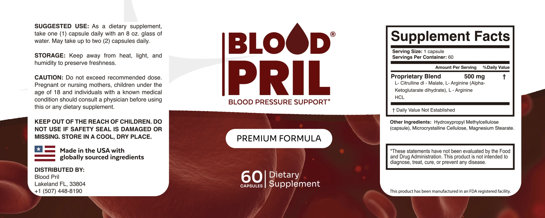 The BloodPril Supplement Facts label showing a 500 mg proprietary blend of L-citrulline dl-malate, L-arginine AKG, and L-arginine HCL