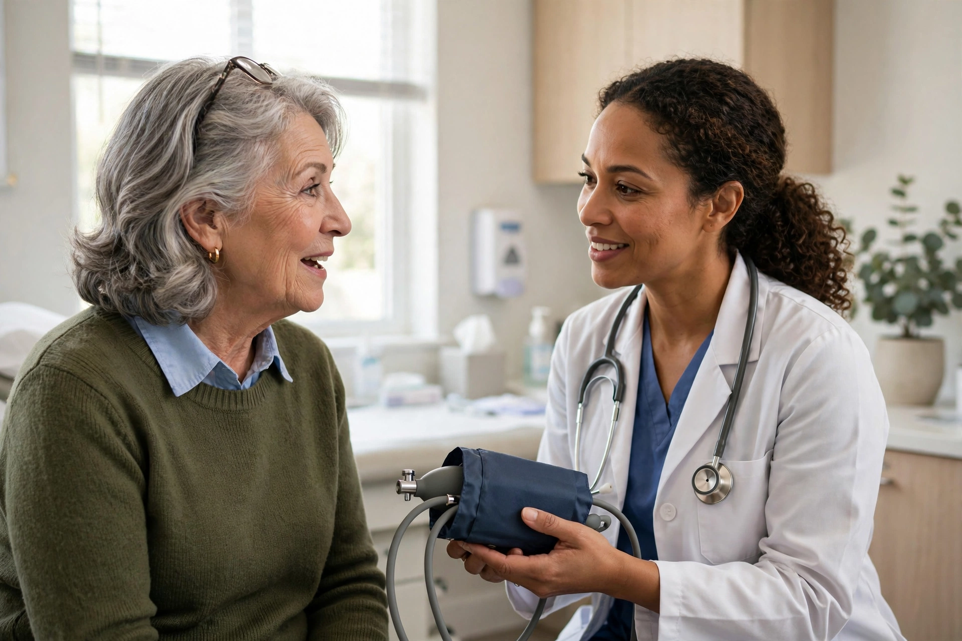 A senior woman discussing blood pressure treatment with her doctor in a medical office