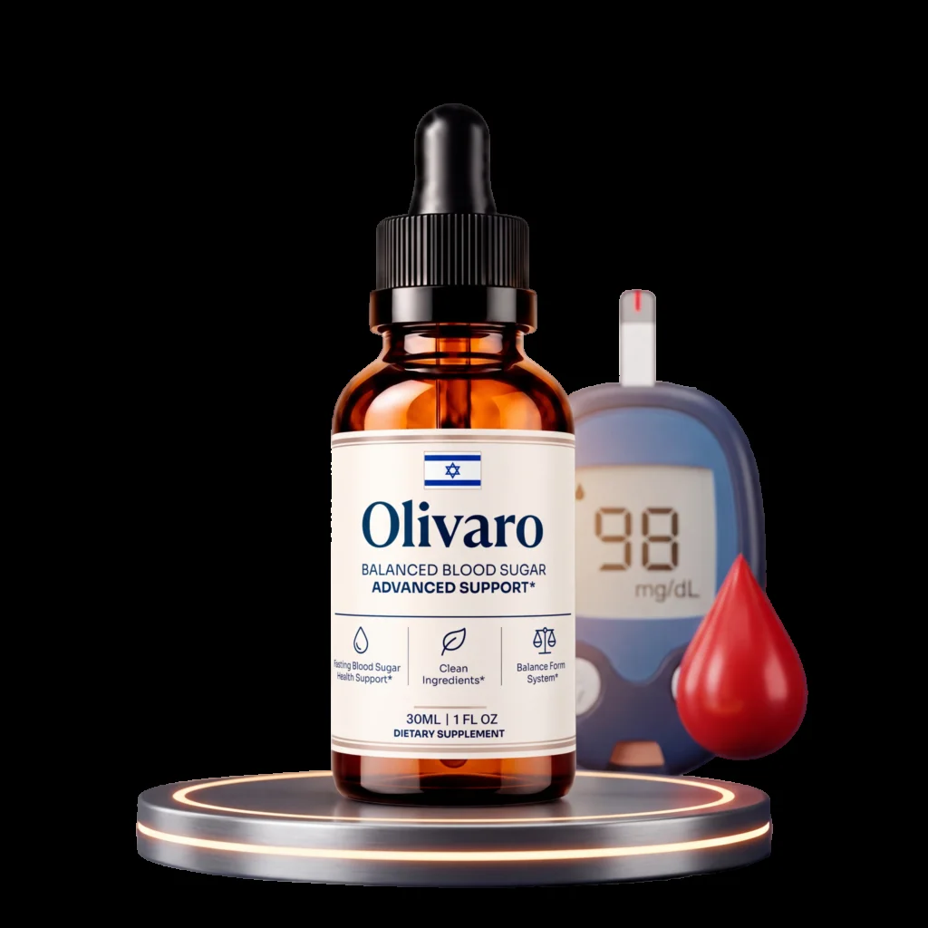 Olivaro Balanced Blood Sugar Advanced Support amber dropper bottle with a glucose meter showing 98 mg/dL