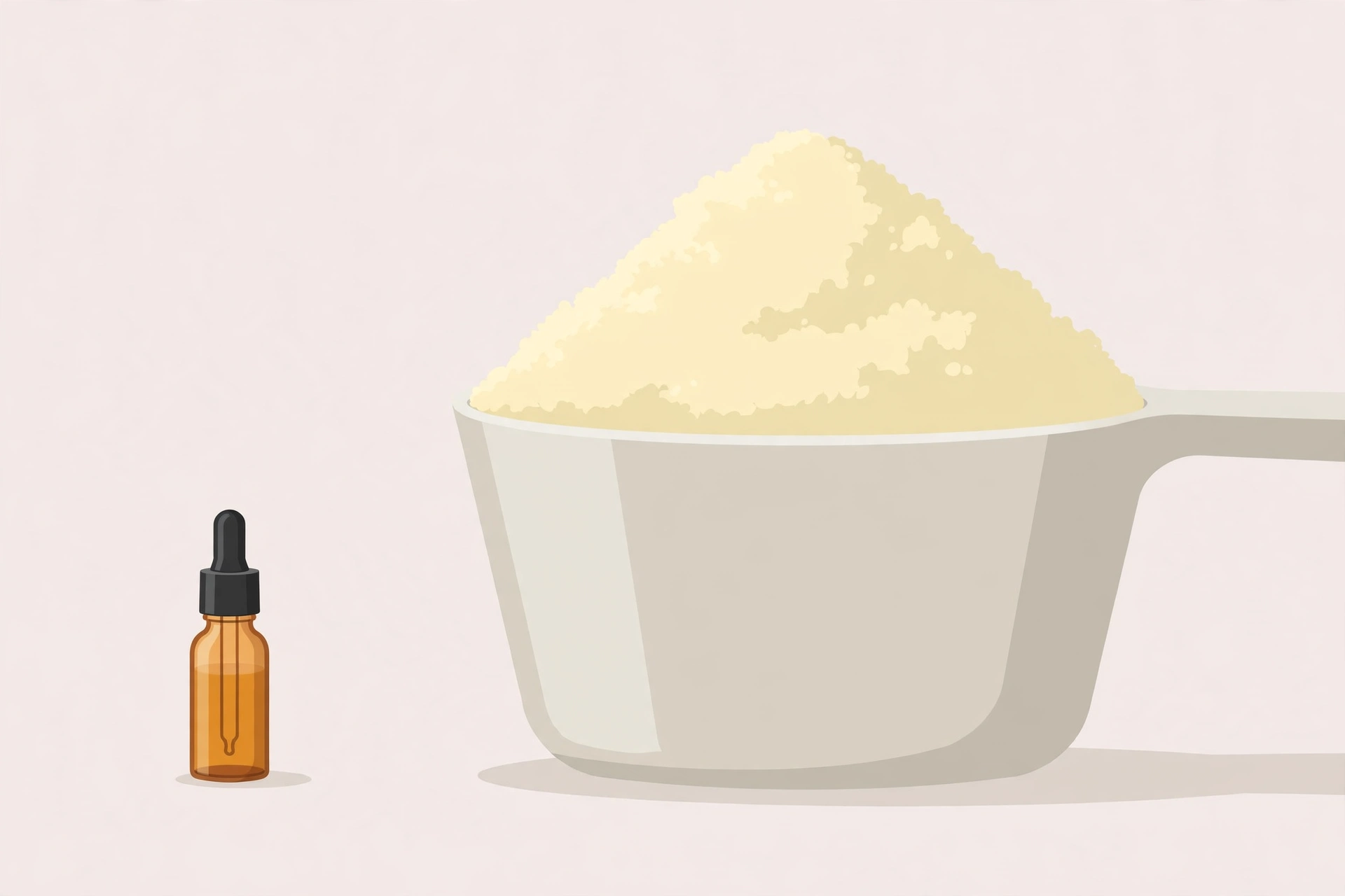 Illustration of a tiny dropper bottle next to an oversized scoop of powder, showing the gap between the disclosed chromium dose and research doses