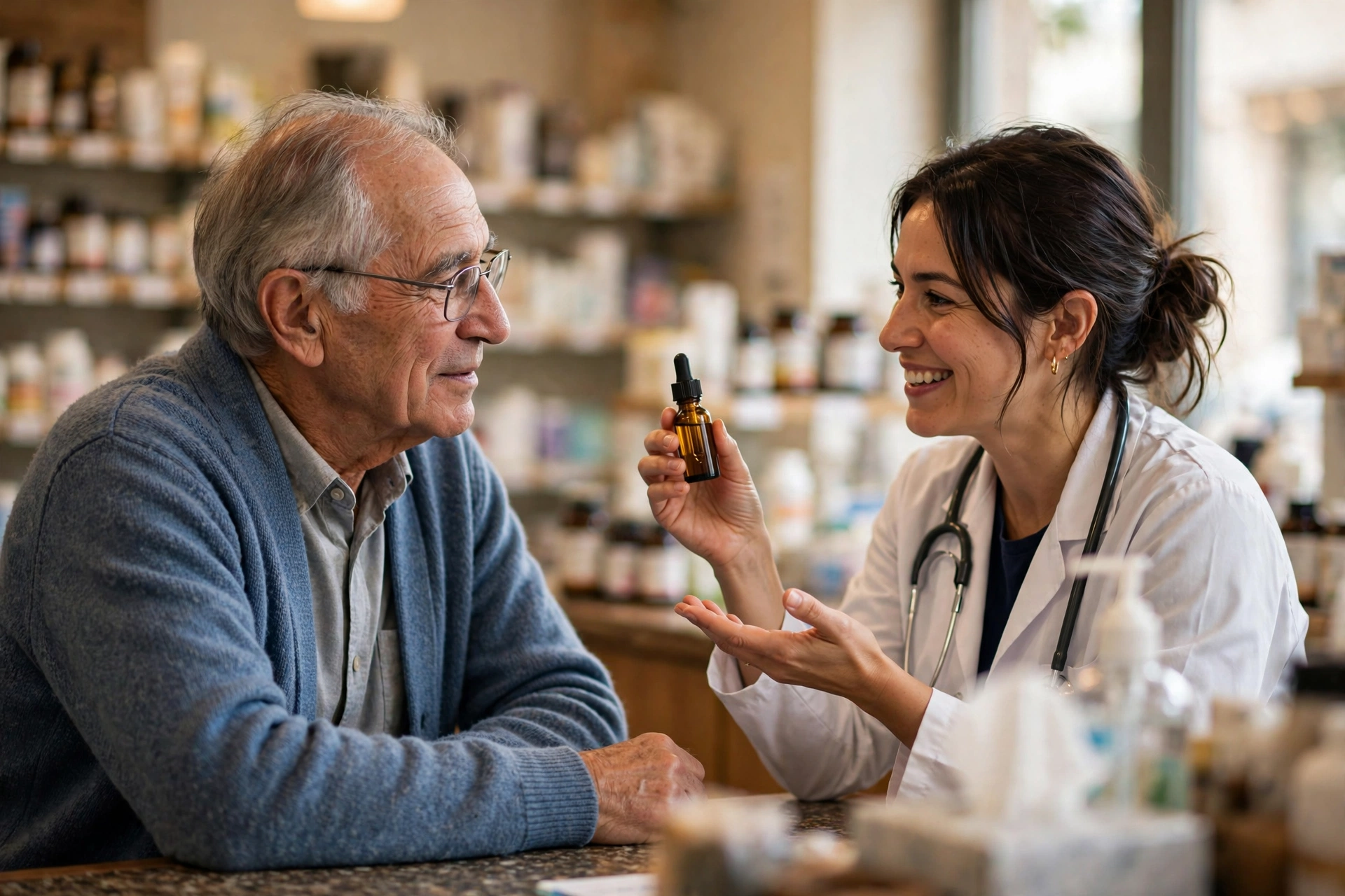 An older adult consulting a pharmacist about a supplement dropper bottle