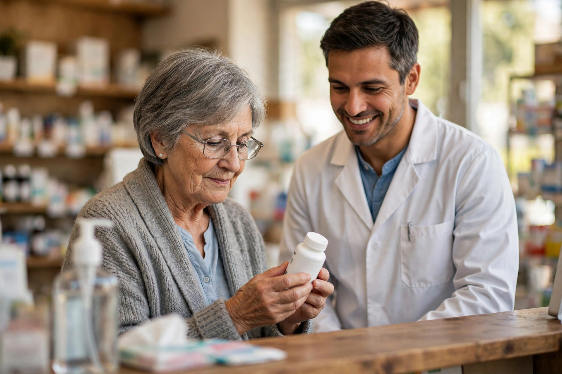 Senior woman reading a supplement bottle label with a pharmacist at a pharmacy counter