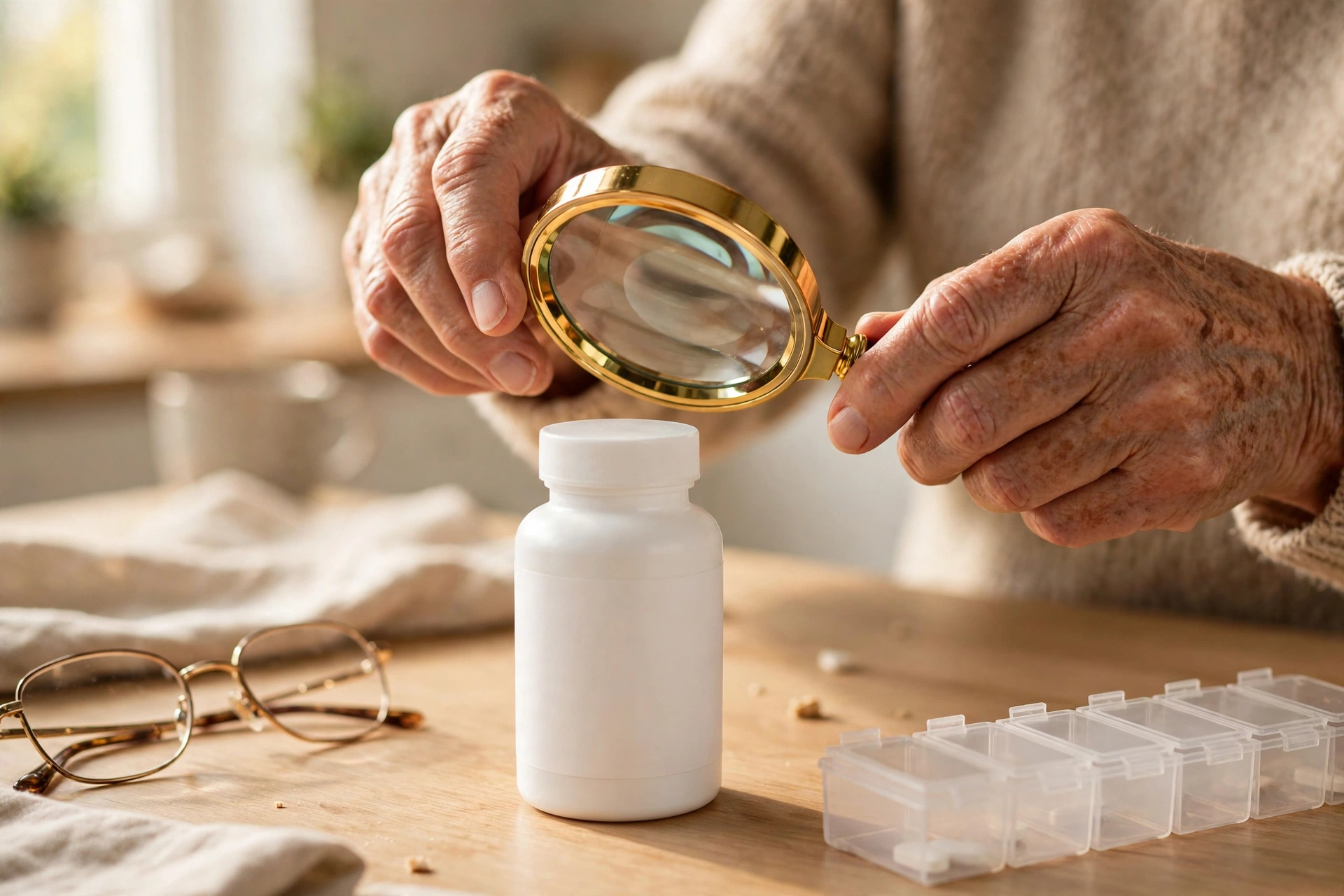 Illustrative photo: older adult using a magnifying glass to read a supplement bottle label