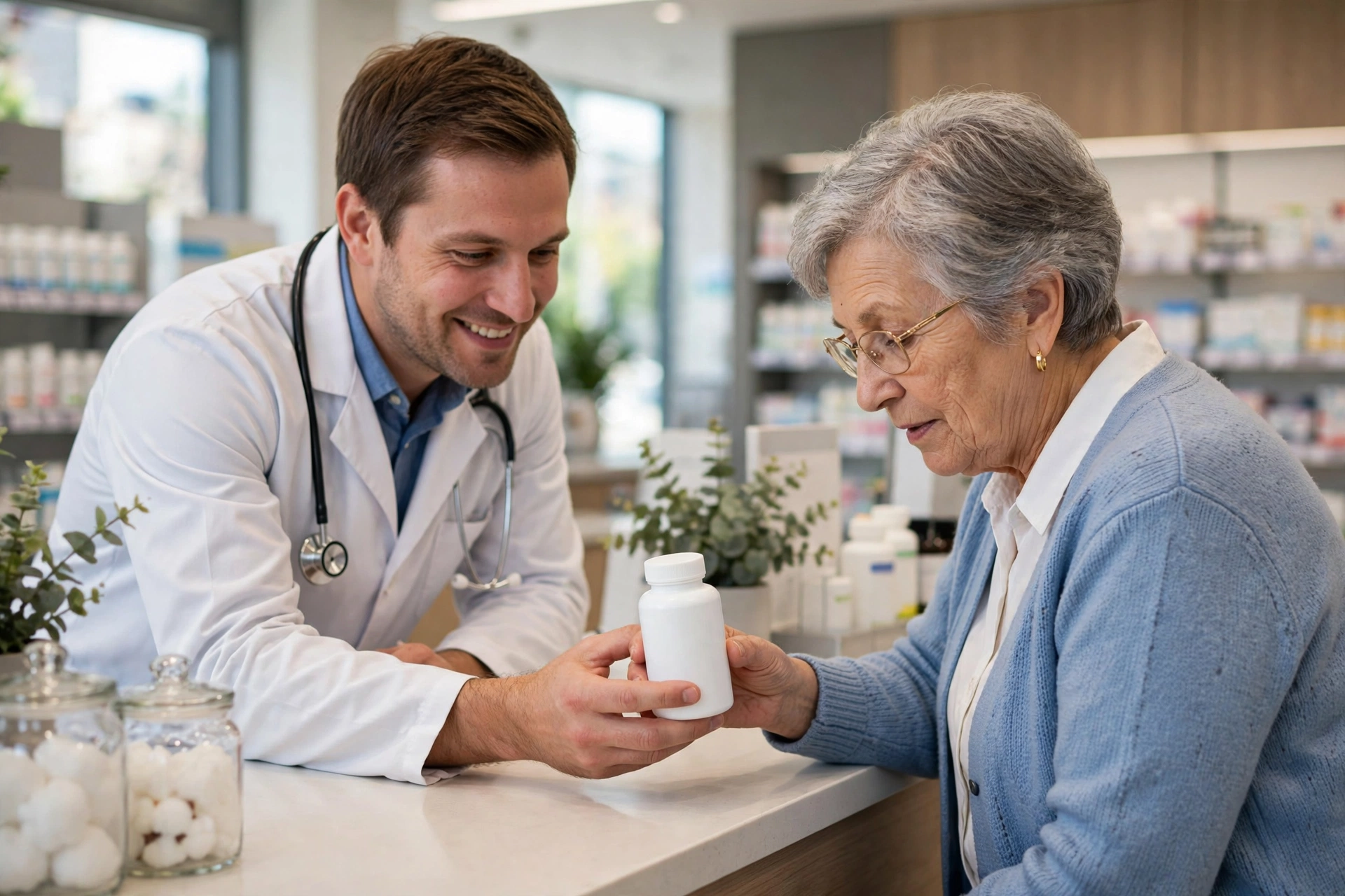 Illustrative photo: senior woman discussing a supplement bottle with a pharmacist