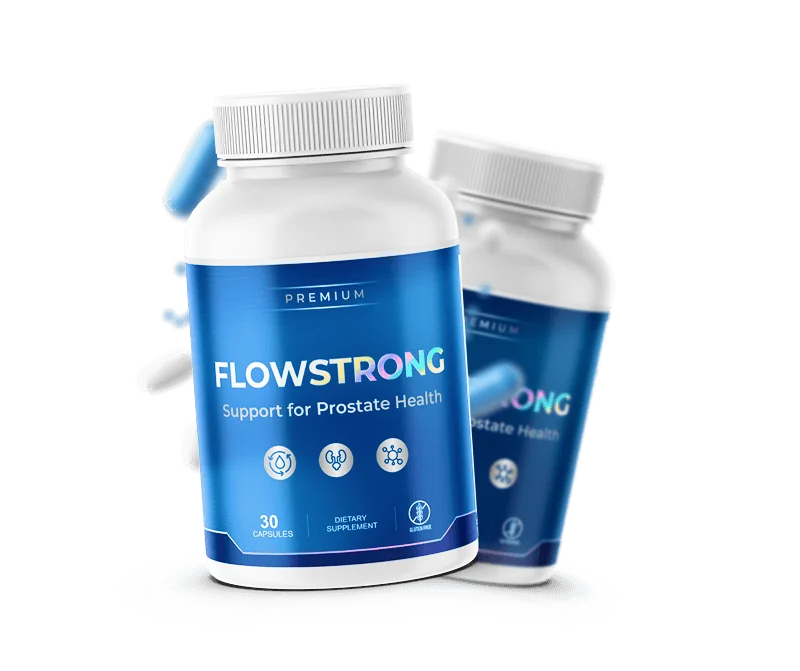 Flow Strong supplement bottle, front label reading PREMIUM FLOWSTRONG, Support for Prostate Health, 30 capsules