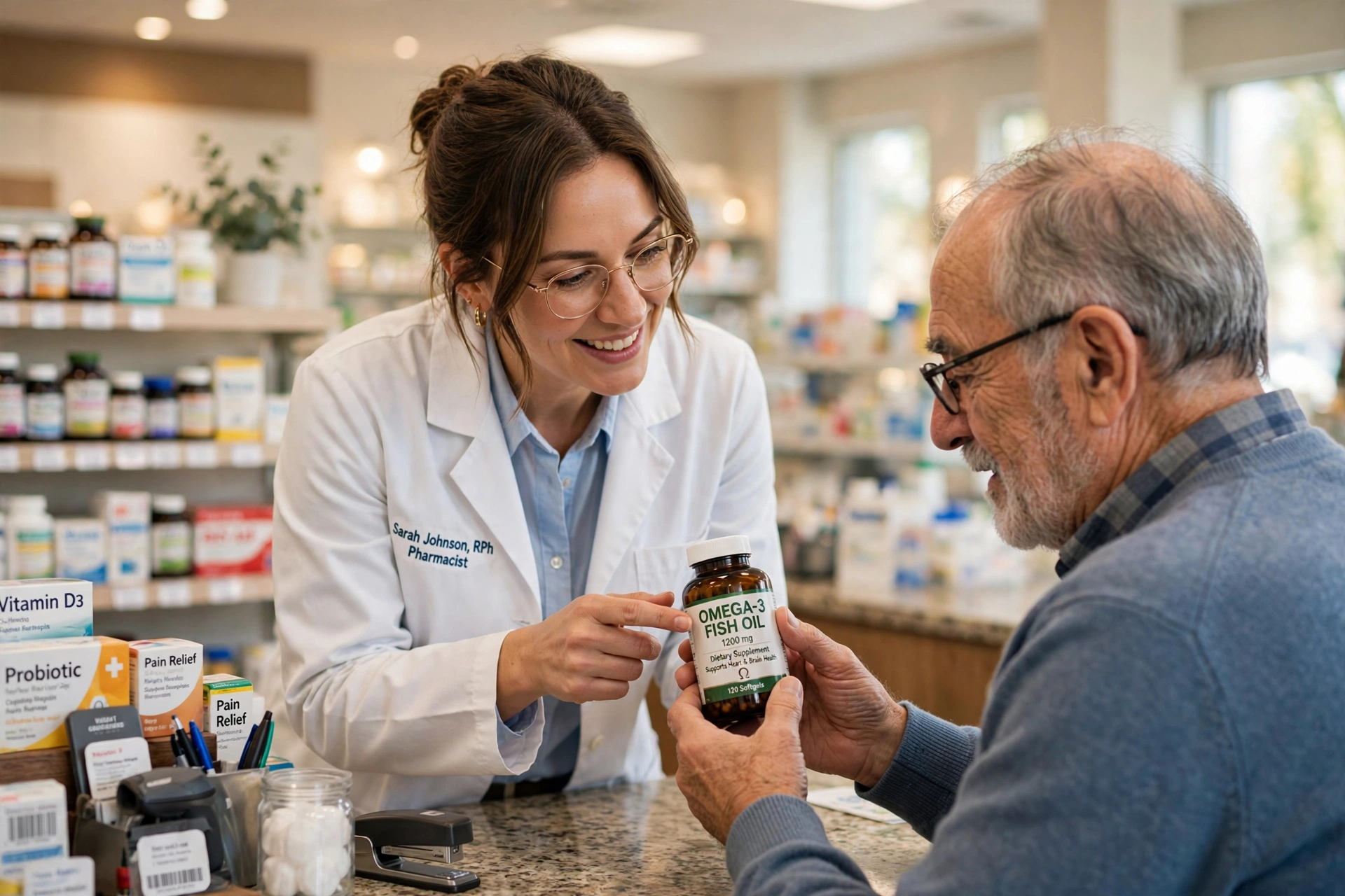 Older man discussing a supplement with a pharmacist at a pharmacy counter