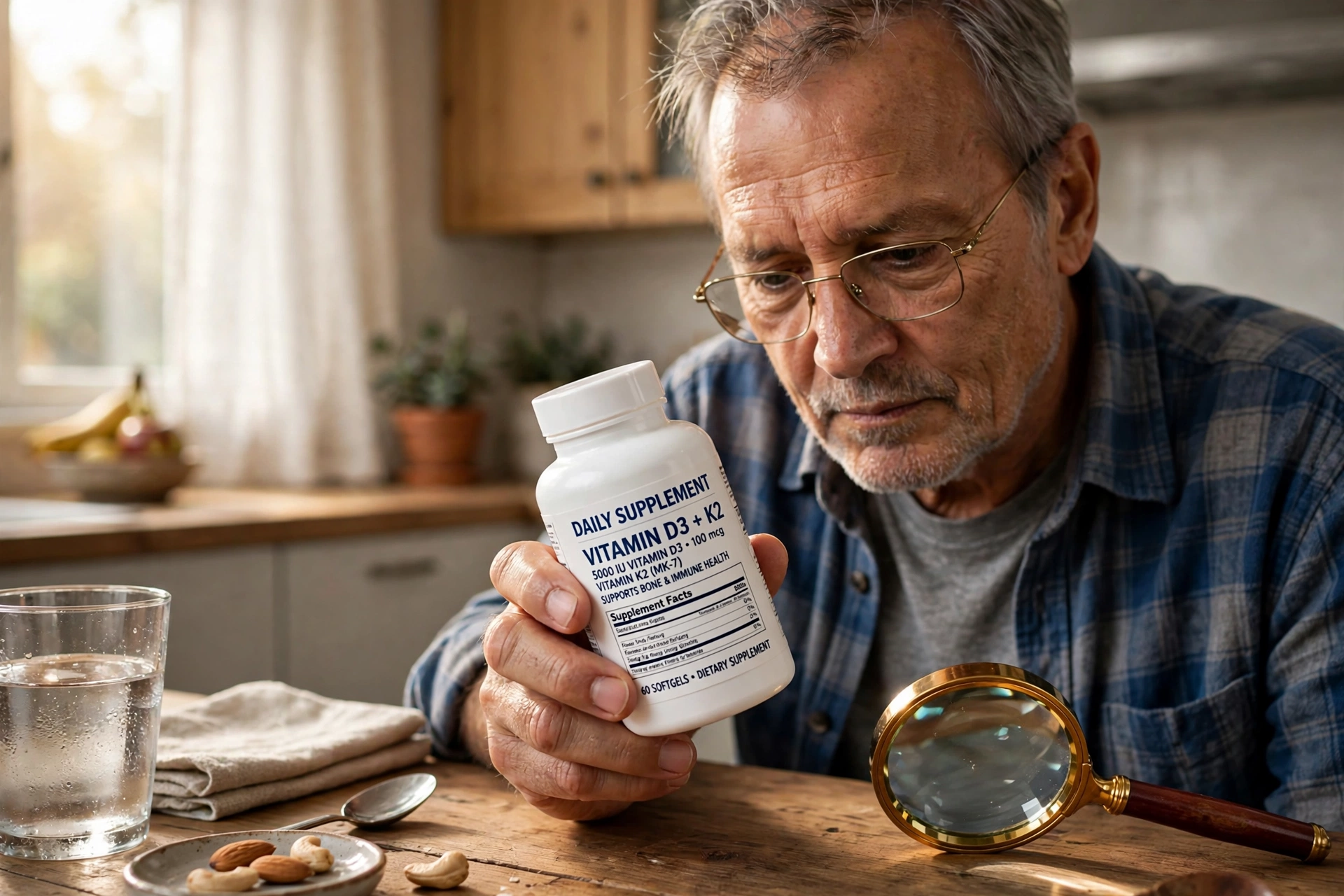 Older man reading a supplement bottle label closely with a magnifying glass