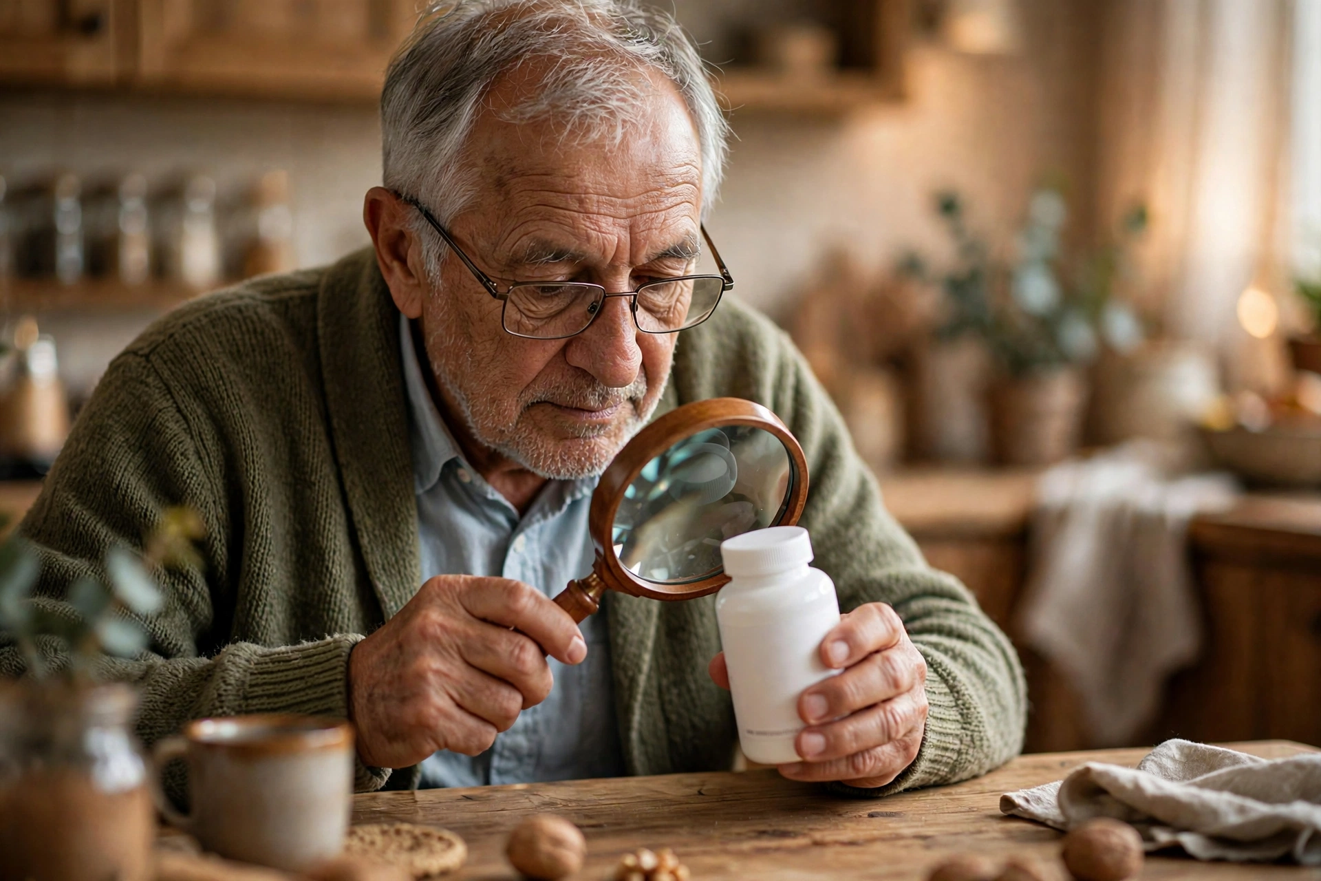 Older man using a magnifying glass to try to read a supplement bottle label