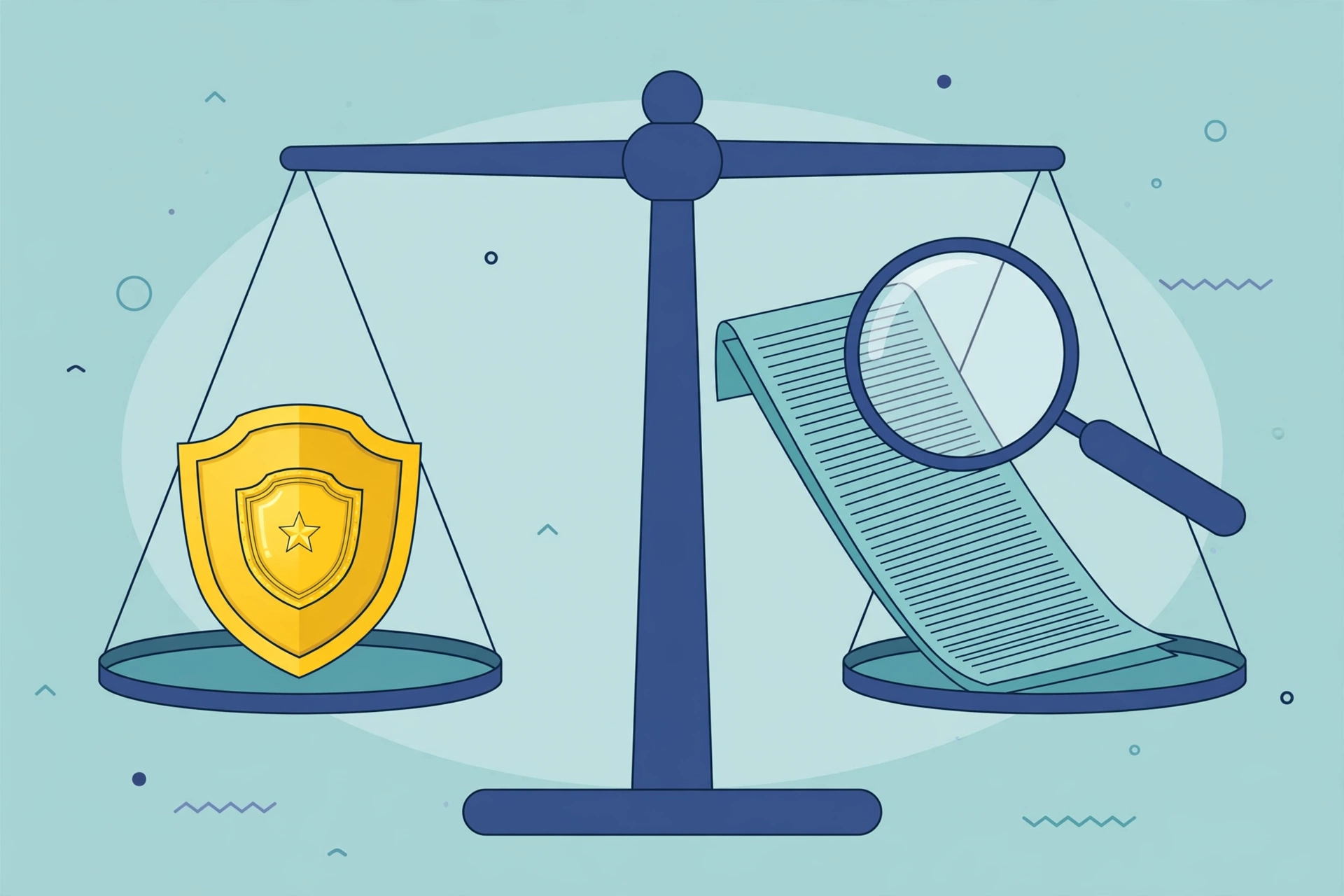 Illustration of a balance scale weighing a guarantee shield against a long terms document under a magnifying glass