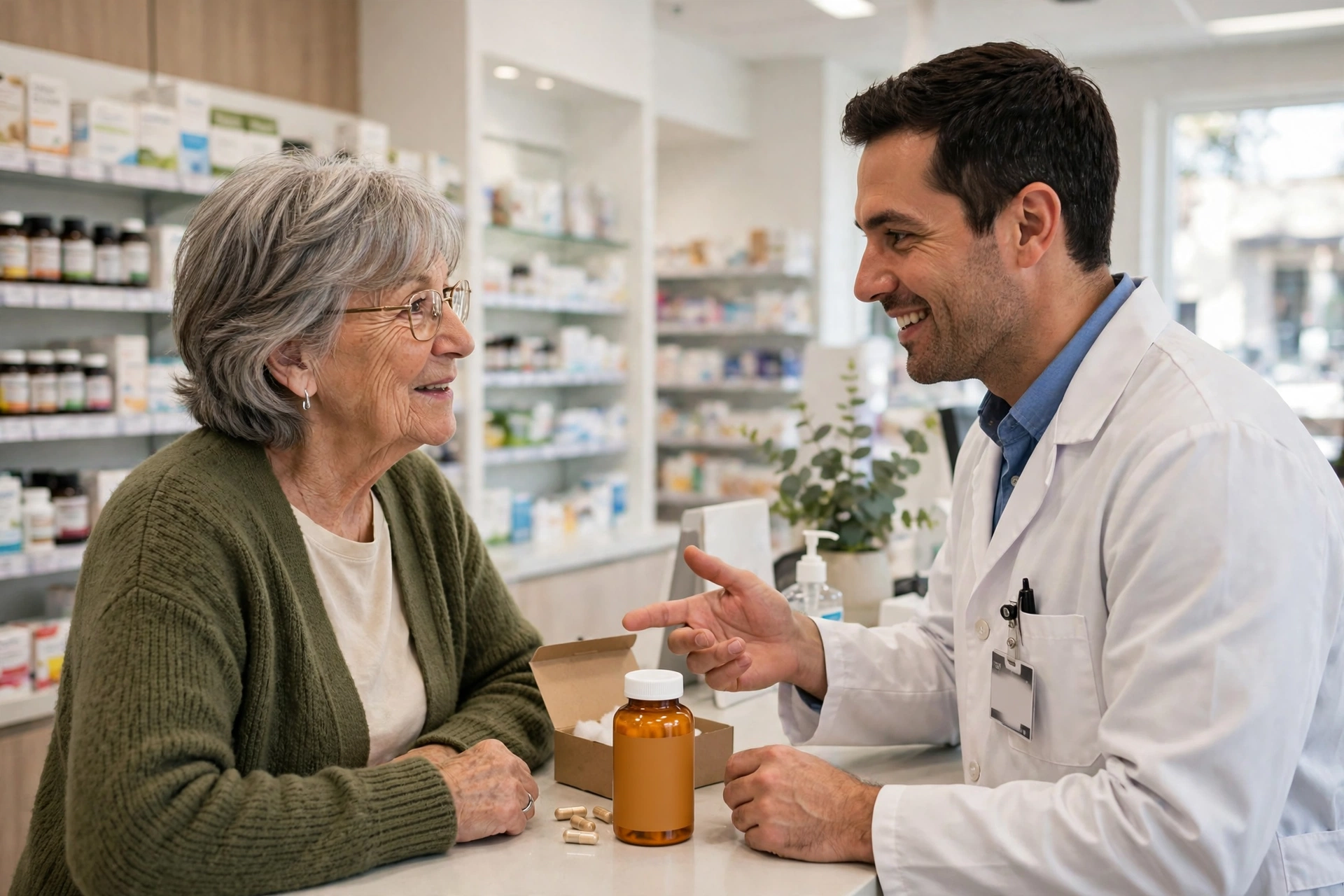 Senior woman discussing a supplement bottle with a pharmacist at a pharmacy counter