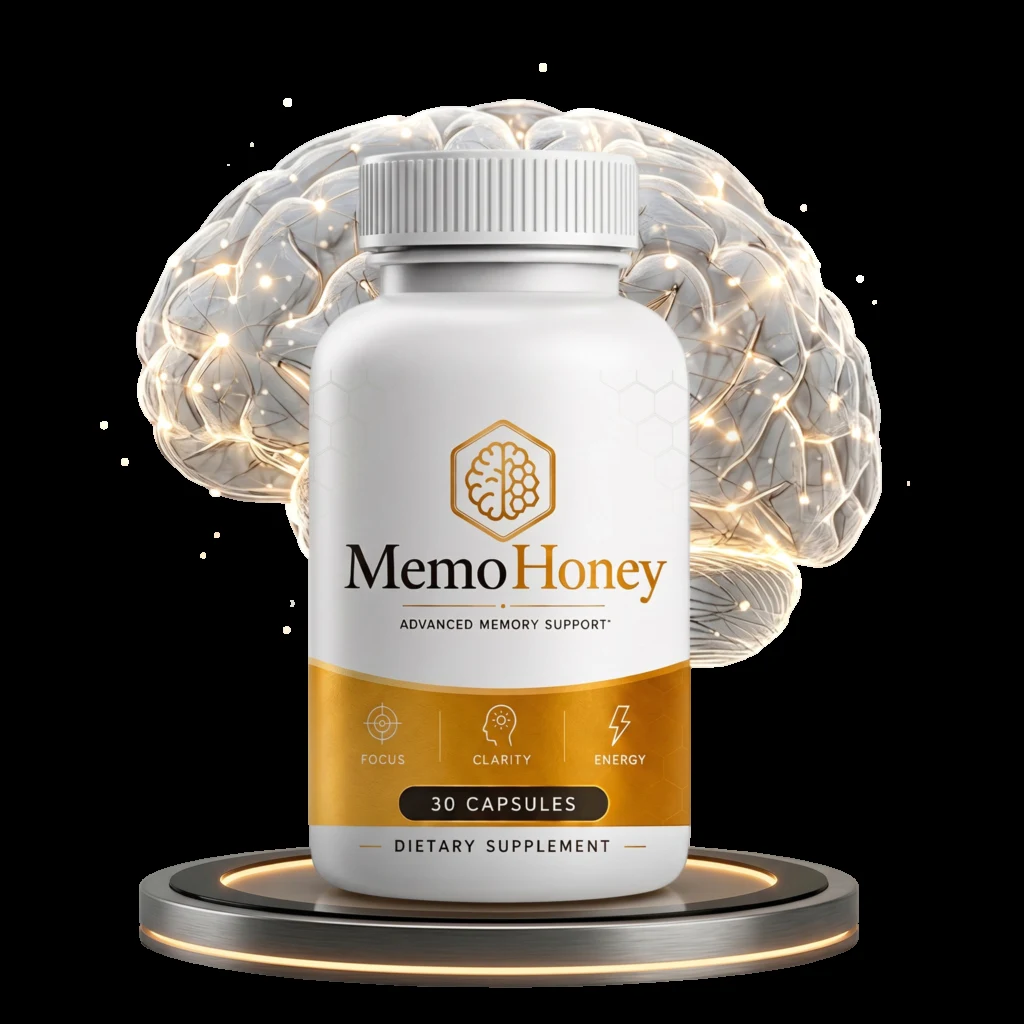 MemoHoney supplement bottle, white bottle with honey-gold Advanced Memory Support band