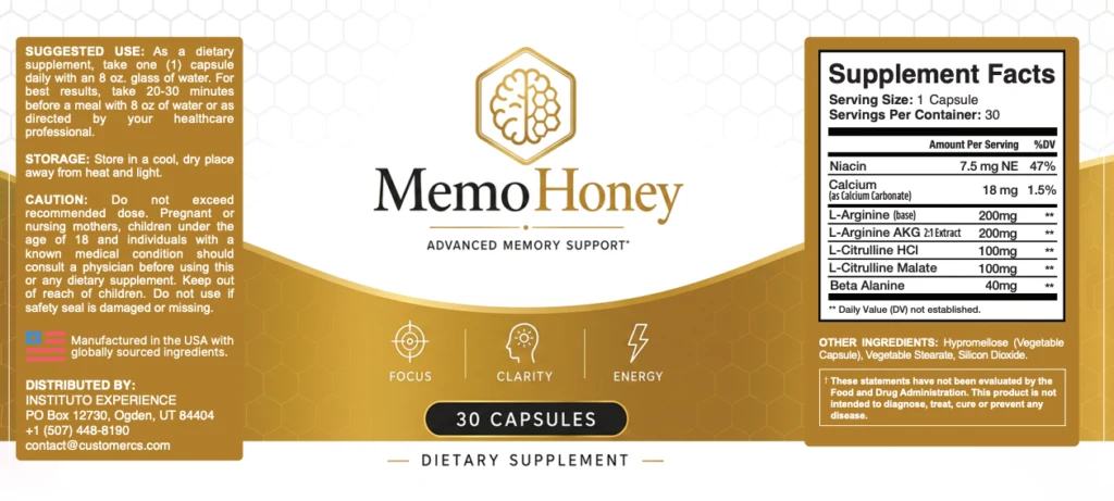 MemoHoney Supplement Facts label panel showing ingredient doses