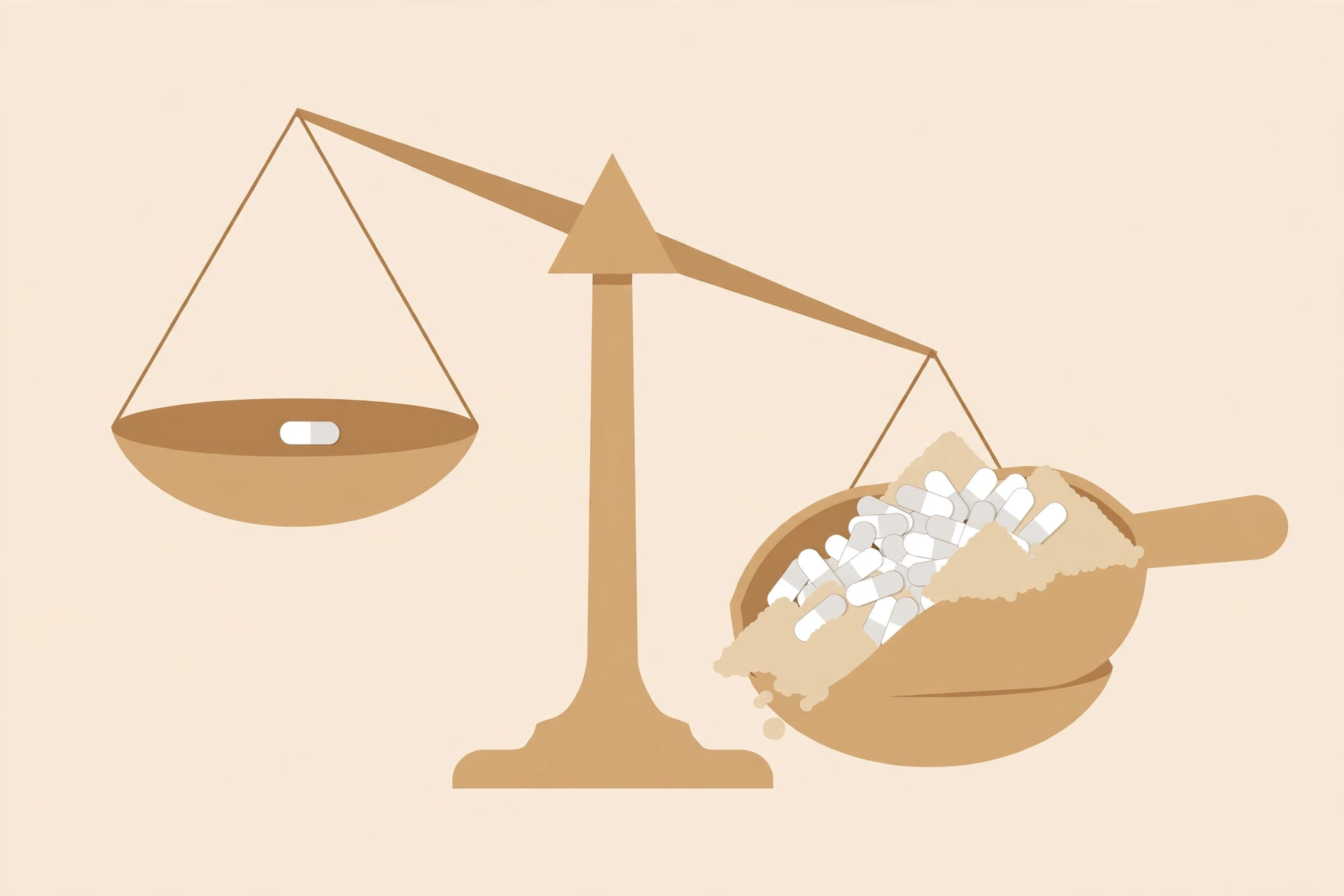 Infographic showing one small capsule next to a much larger scoop of capsules representing studied doses