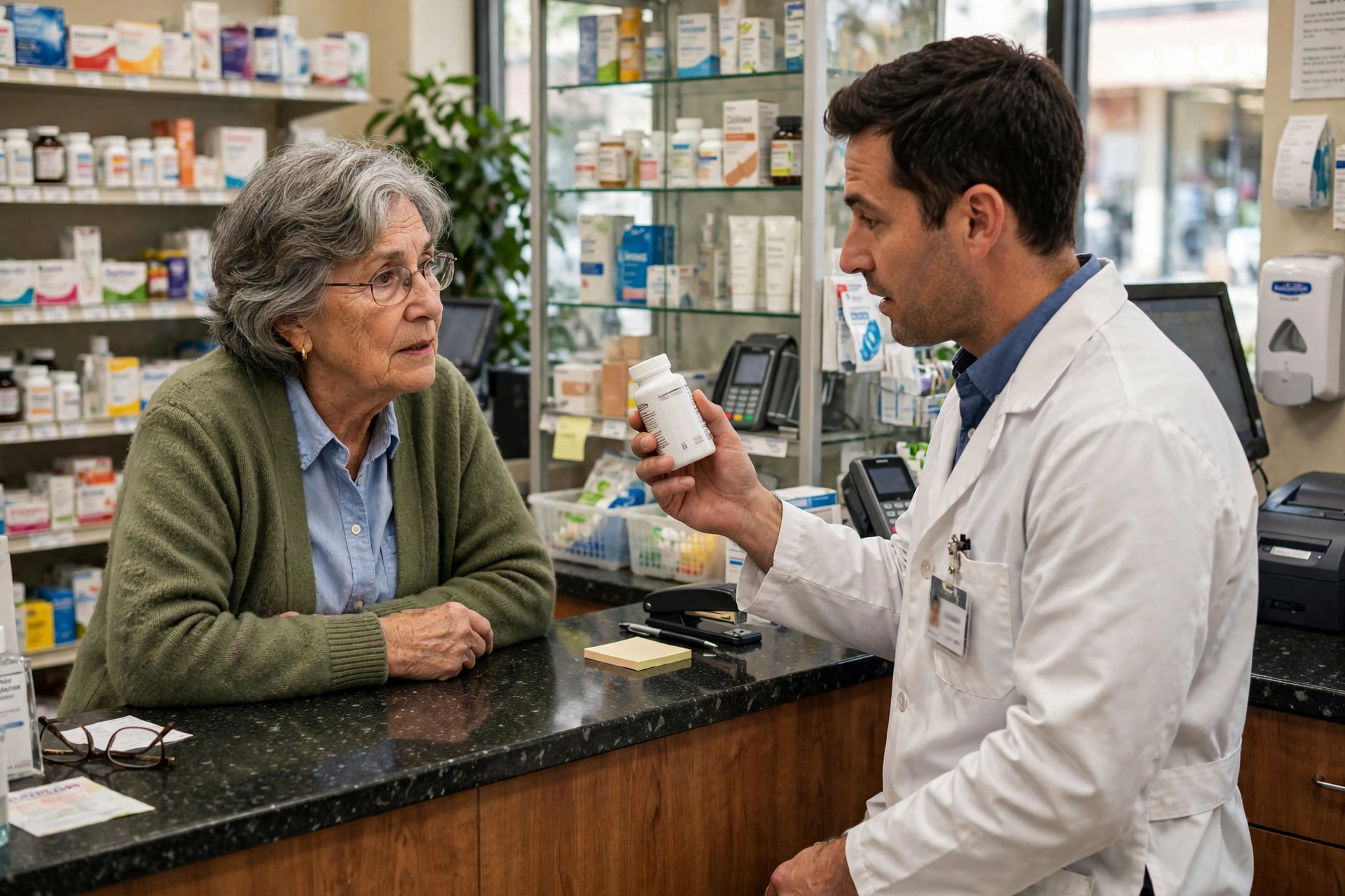 Older woman discussing a supplement bottle with a pharmacist at a pharmacy counter