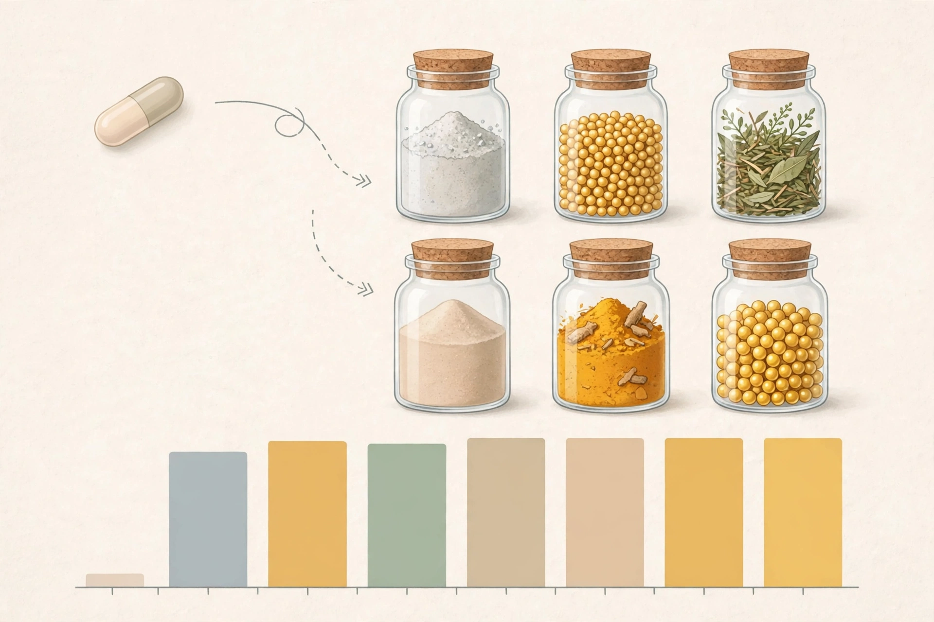Illustration comparing one small supplement capsule to the larger ingredient amounts used in clinical studies