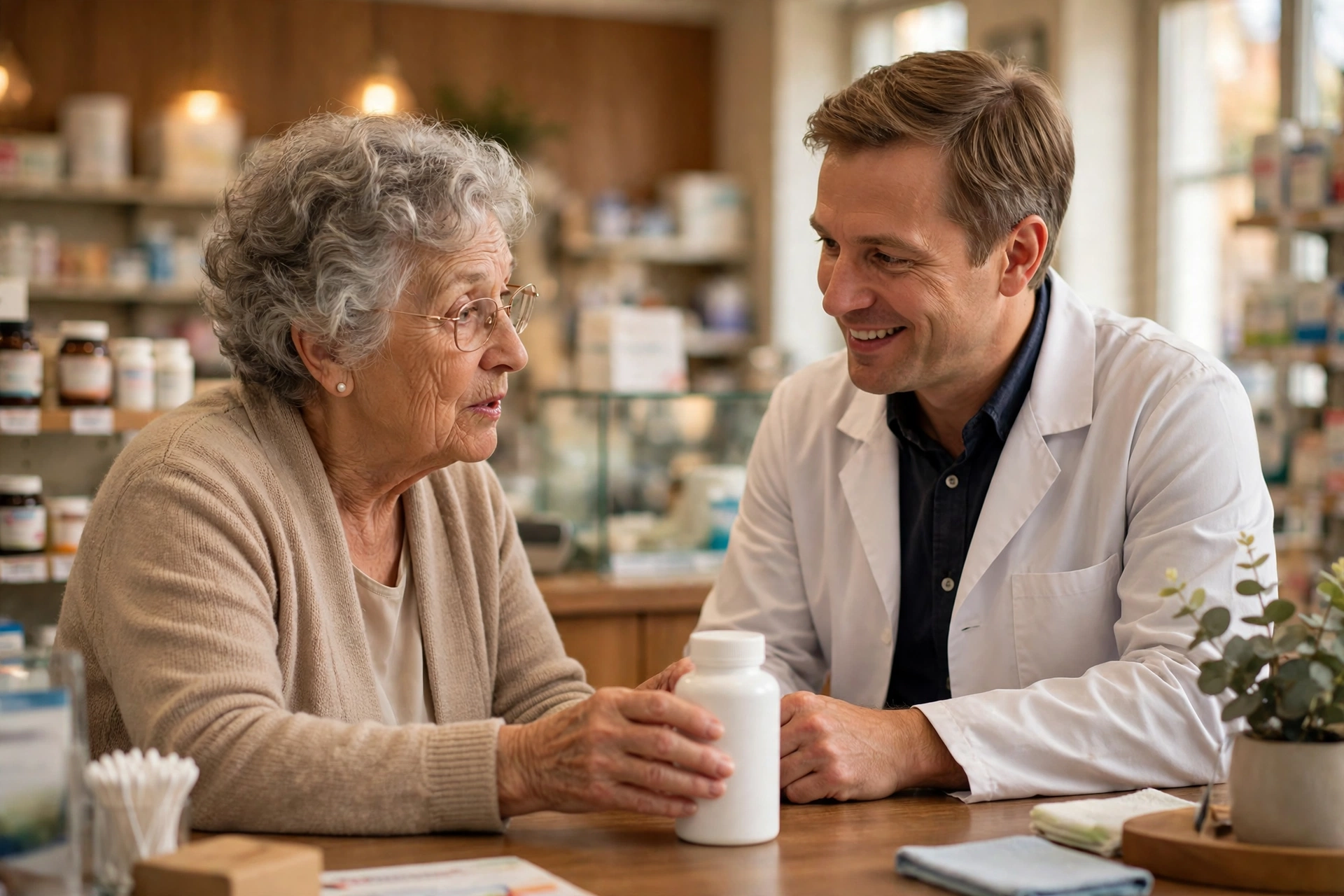 Older woman discussing a supplement bottle with a pharmacist