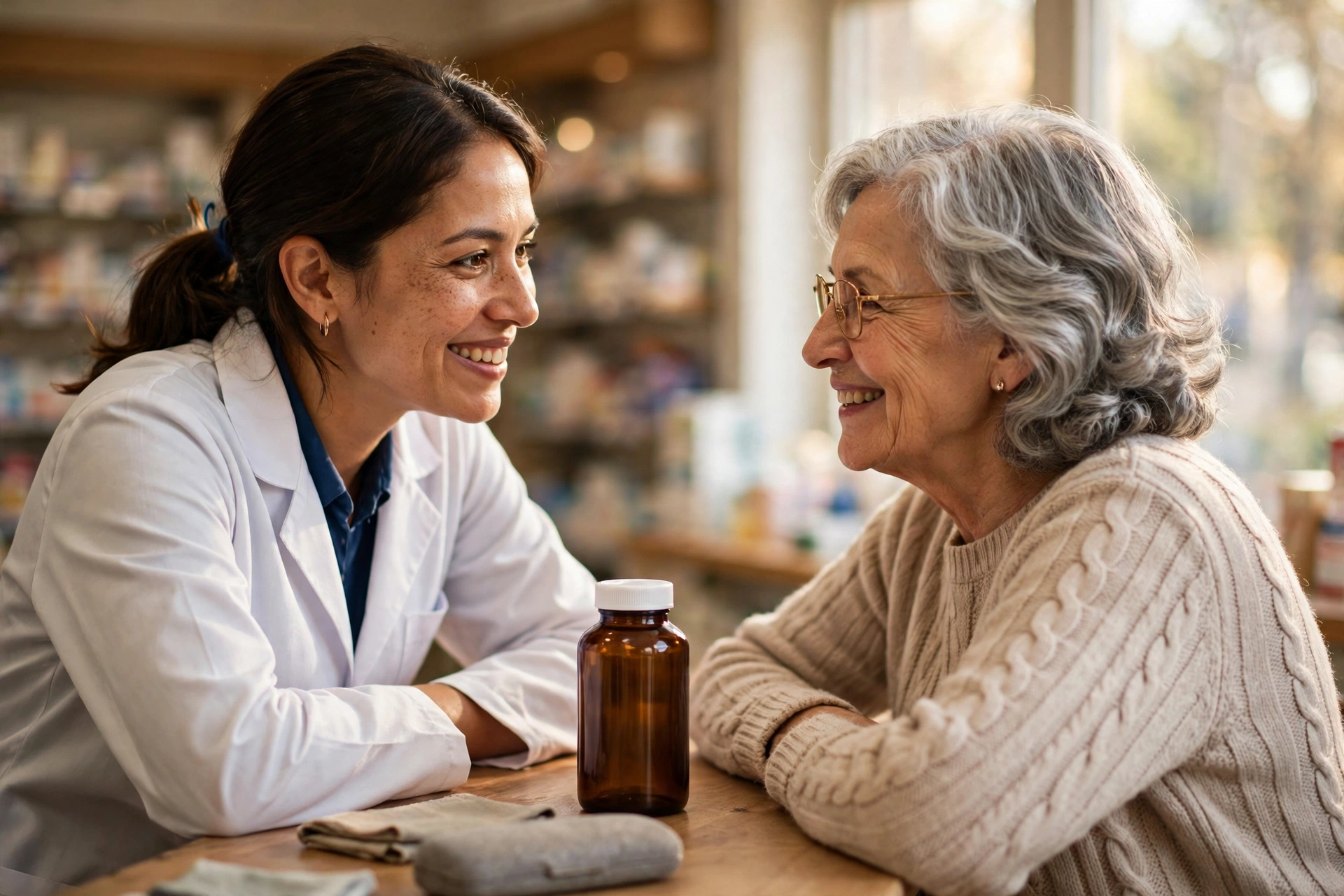 A pharmacist consulting an older woman about supplements and her medications