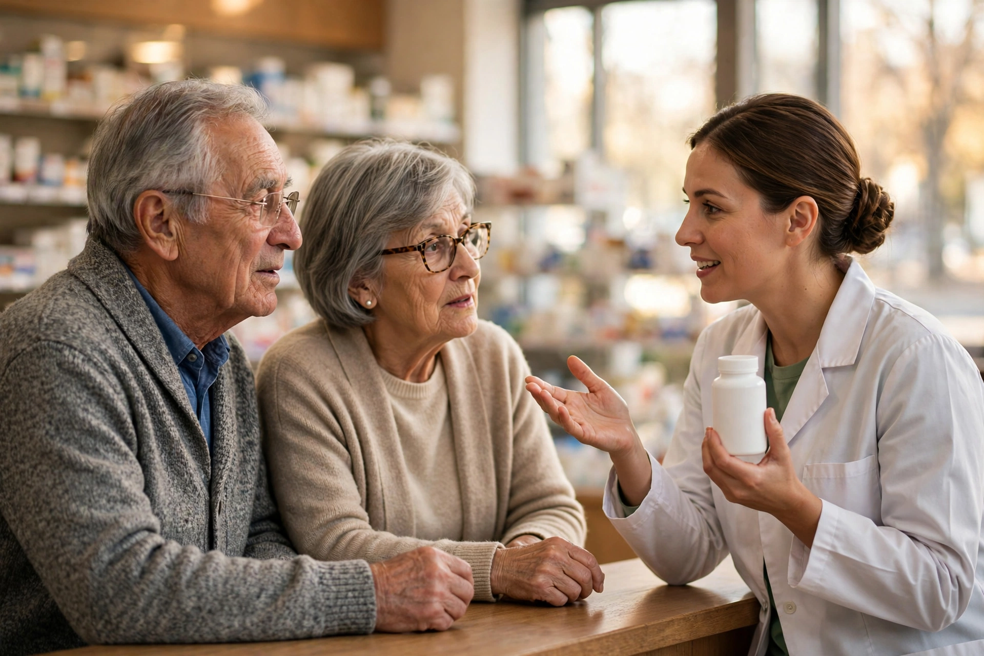 Senior couple discussing a supplement bottle with a pharmacist at a pharmacy counter