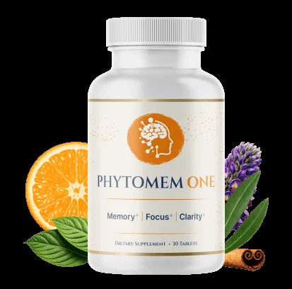 Phytomem One supplement bottle, a white bottle with an orange brain logo, labeled Memory, Focus, Clarity