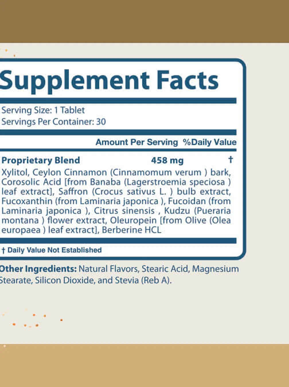 Close-up of the Phytomem One Supplement Facts panel showing a 458 mg proprietary blend of ten ingredients with no per-ingredient doses