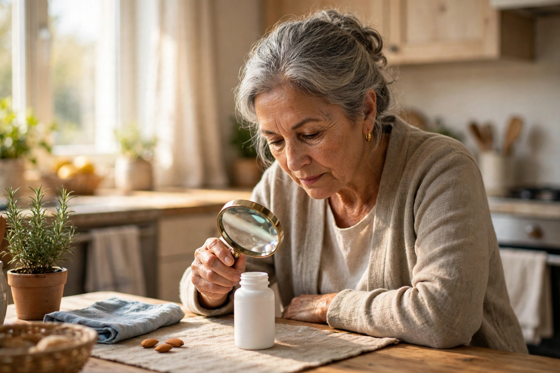 An older woman reading a supplement label with a magnifying glass at her kitchen table