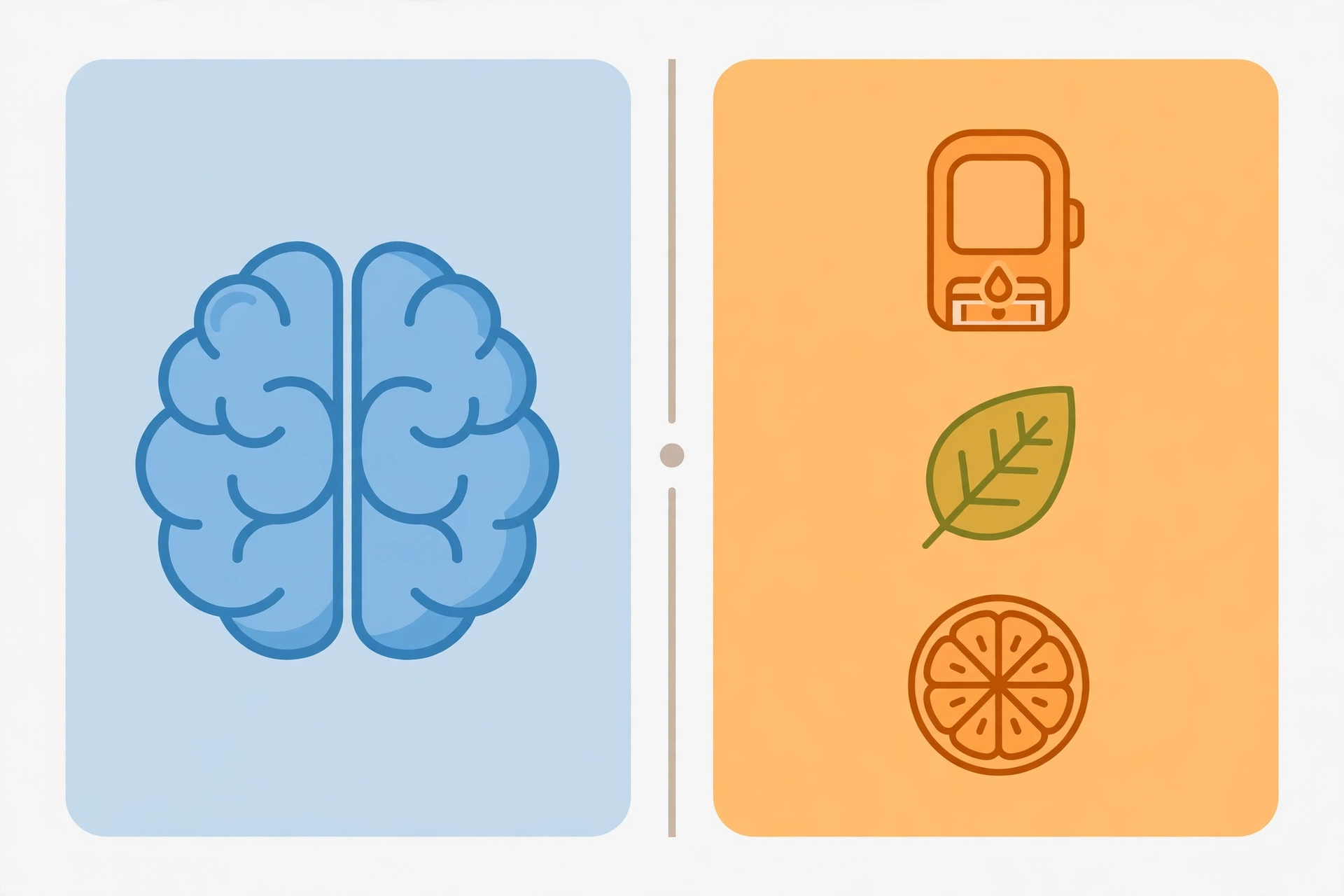 Illustration comparing a brain icon with blood-sugar and metabolism icons, showing the gap between the brain pitch and the metabolic formula
