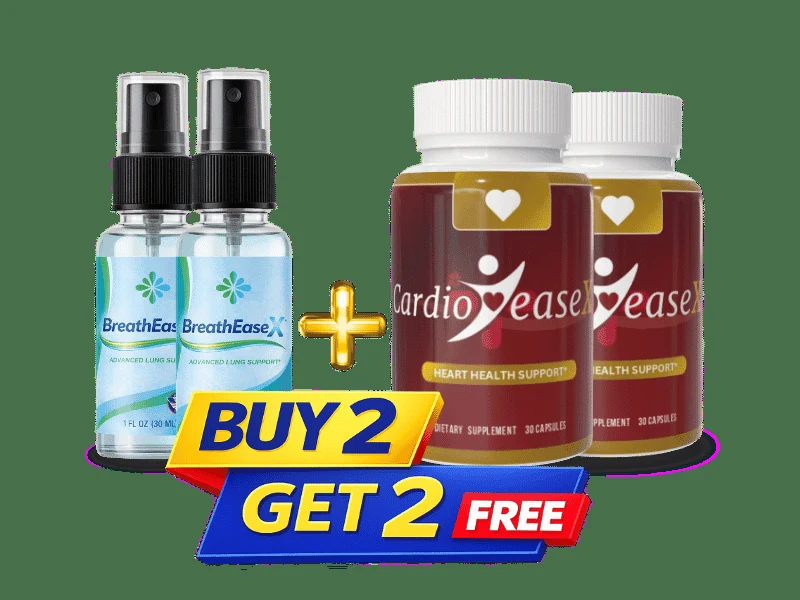 BreathEaseX oral spray and CardioEaseX capsules as shown in the seller's four-bottle bundle image