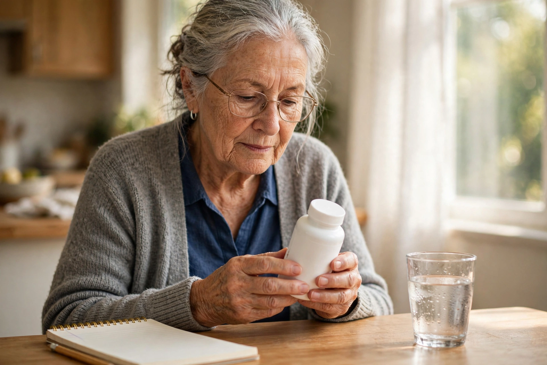 An older adult reading a supplement bottle label closely at a kitchen table