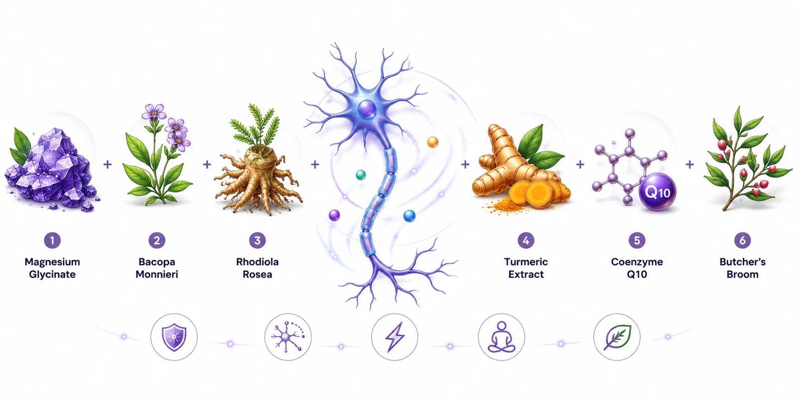 The NervoLyn page's own ingredients graphic, which lists bacopa and rhodiola but omits the alpha lipoic acid and L-carnitine named in the page copy