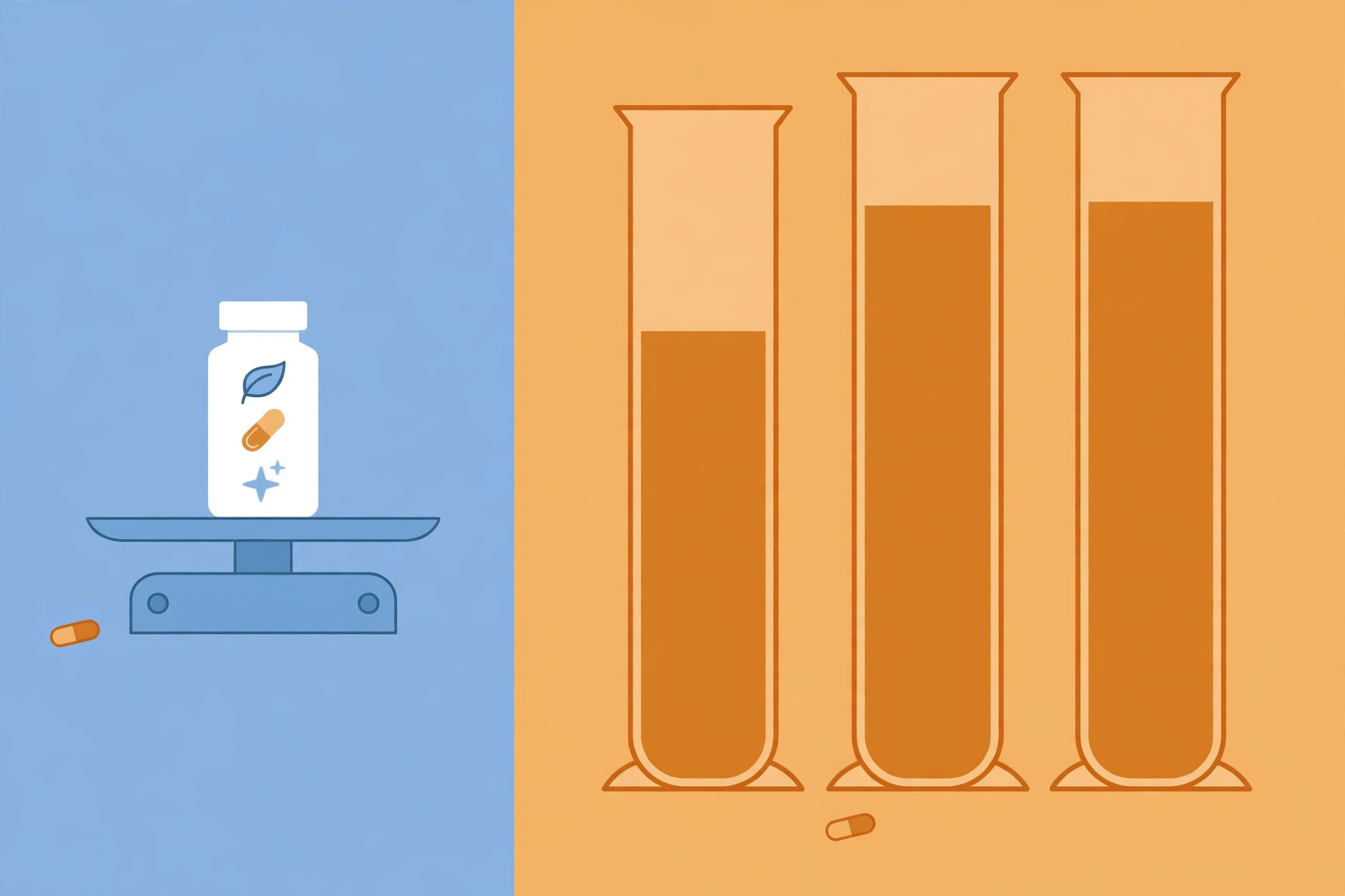 Illustration of a small supplement bottle on a scale next to much larger laboratory dose measures, showing the gap between a 575 mg proprietary blend and published trial doses