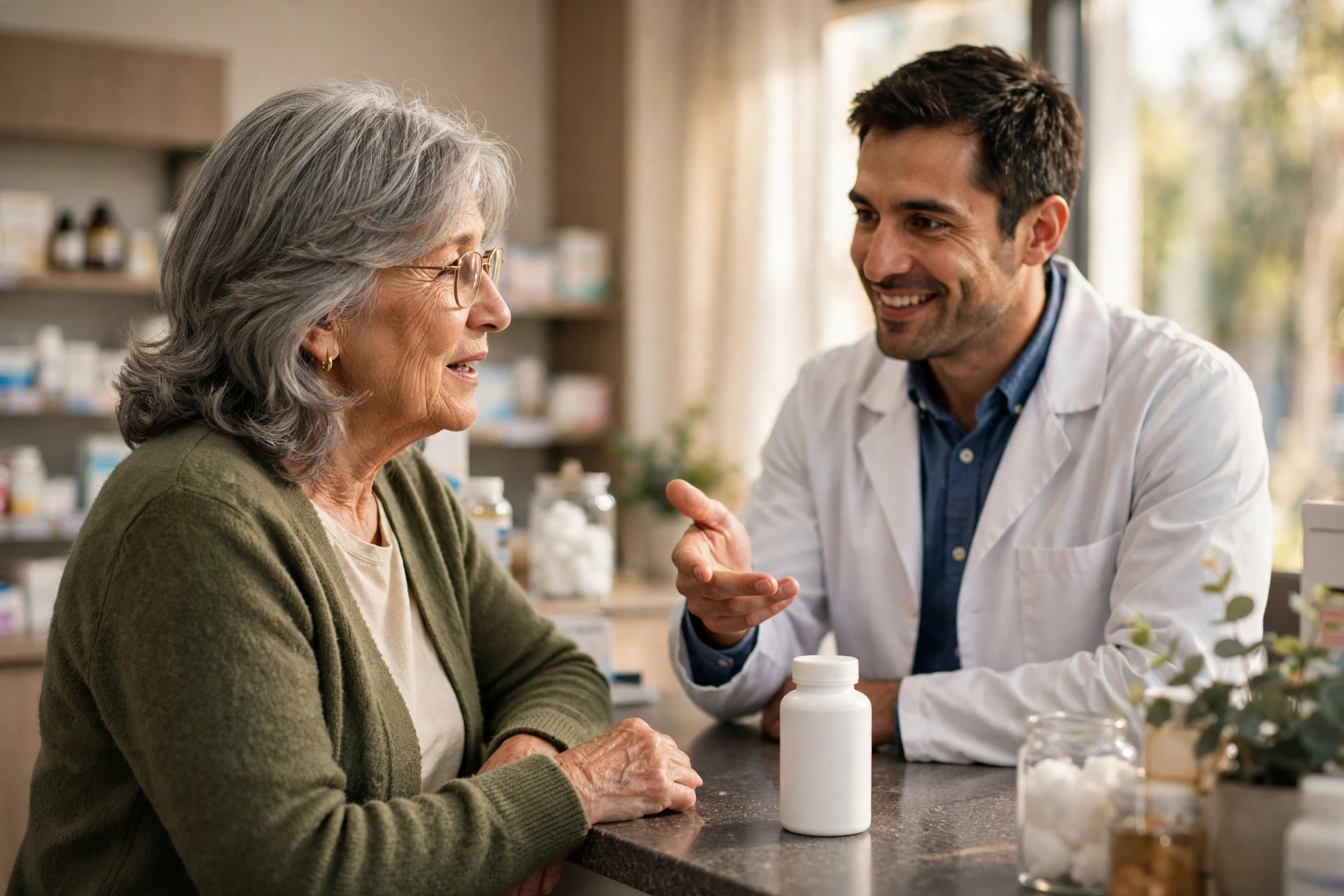 An older woman discussing a supplement bottle with a pharmacist across a pharmacy counter
