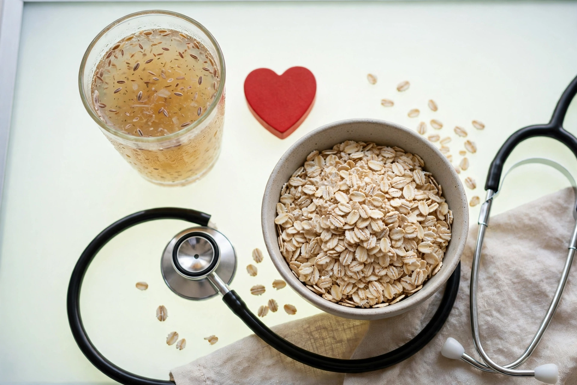 Psyllium fiber drink beside heart-health foods including oats, illustrating the cholesterol research