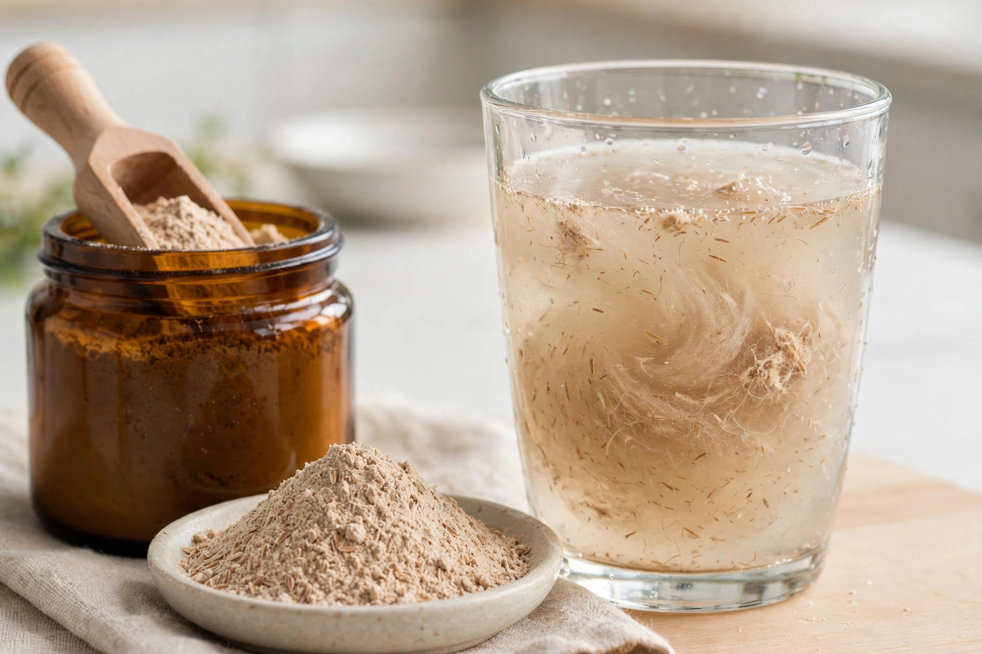 A glass of water with psyllium husk powder beside a jar of psyllium powder on a kitchen counter
